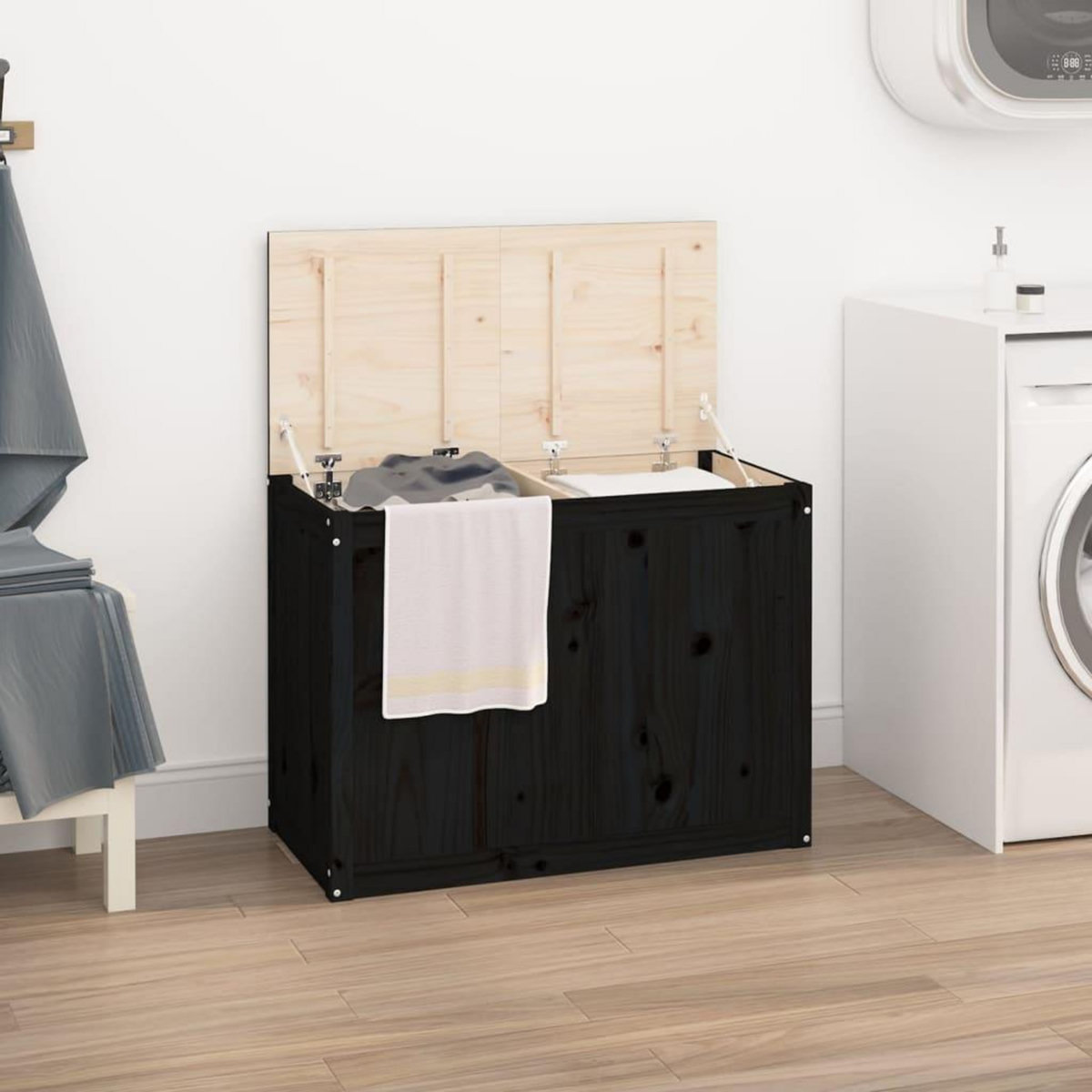 VIDAXL Boîte a linge Noir 88,5x44x66 cm Bois massif de pin