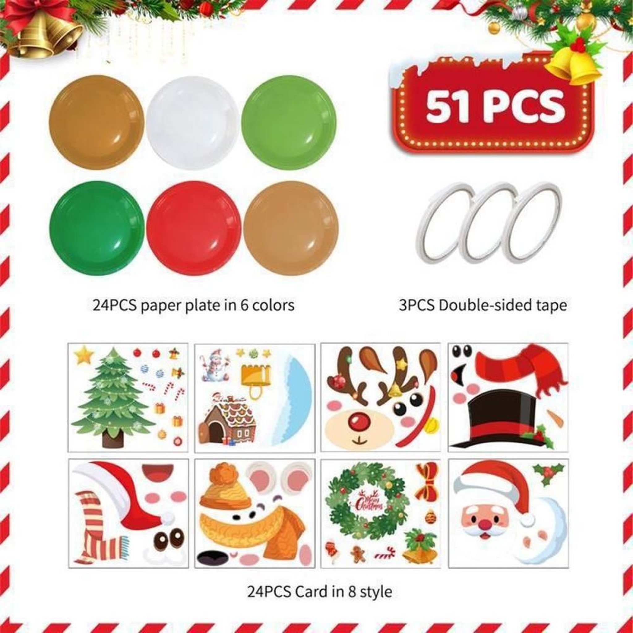 Voir la diapositive 2 : Kit stickers décoration table de Noël pour assiettes, 51 pièces, motifs personnages et sapin, rubans adhésifs double face inclus