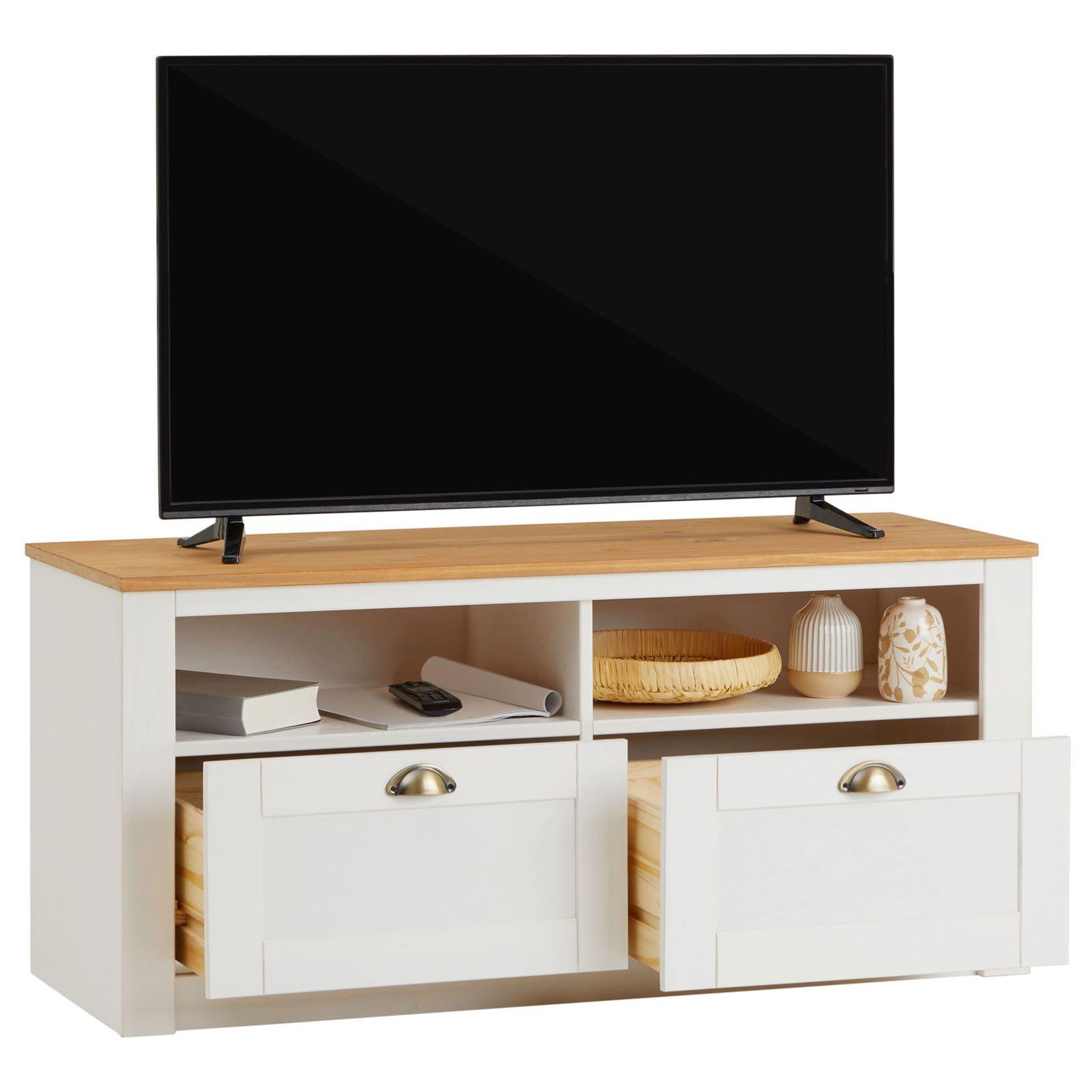 Voir la diapositive 5 : IDIMEX Meuble tv bolton 2 tiroirs et 2 niches, en pin massif