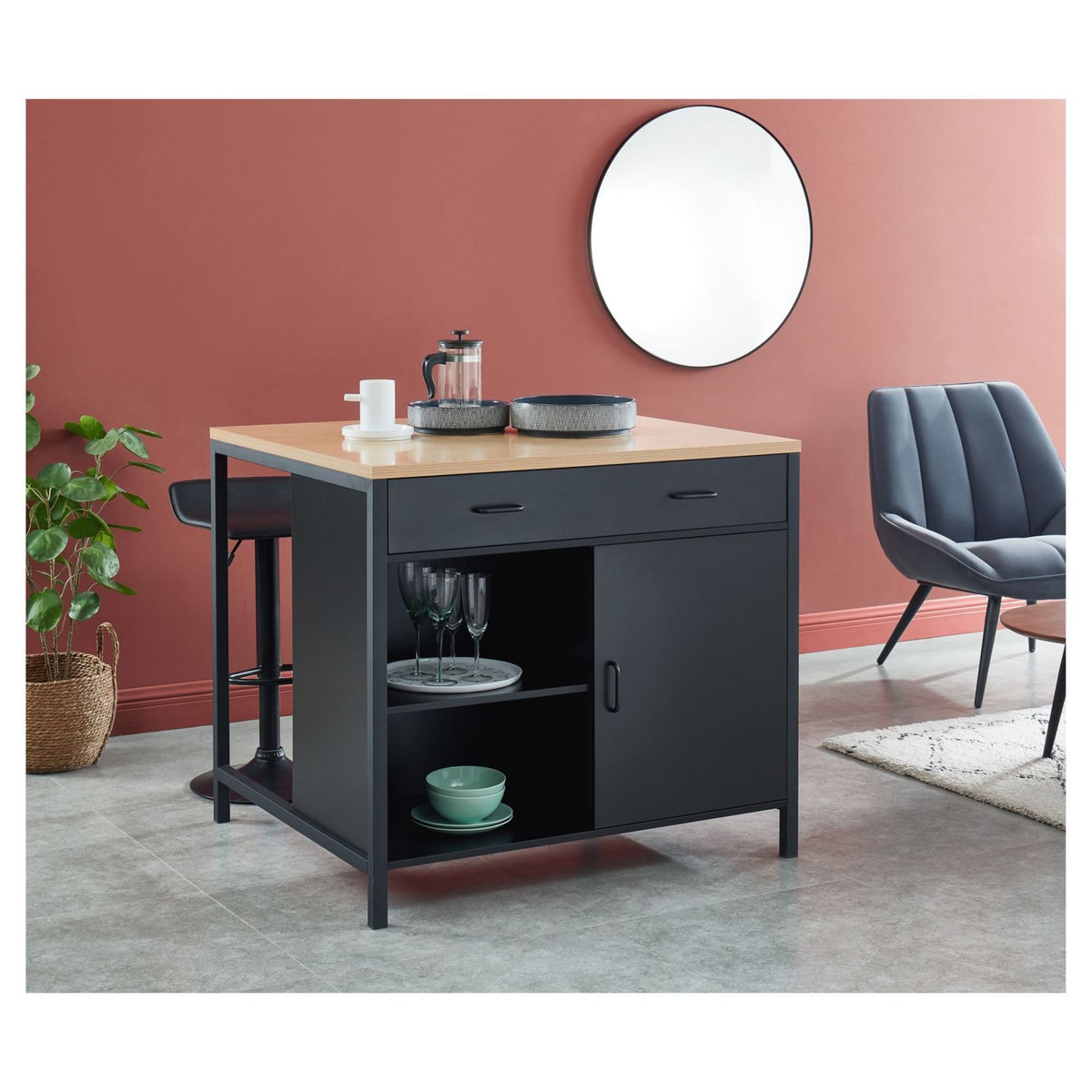 Îlot central de cuisine 1 tiroir 1 porte 1 étagère - L100cm PEPER