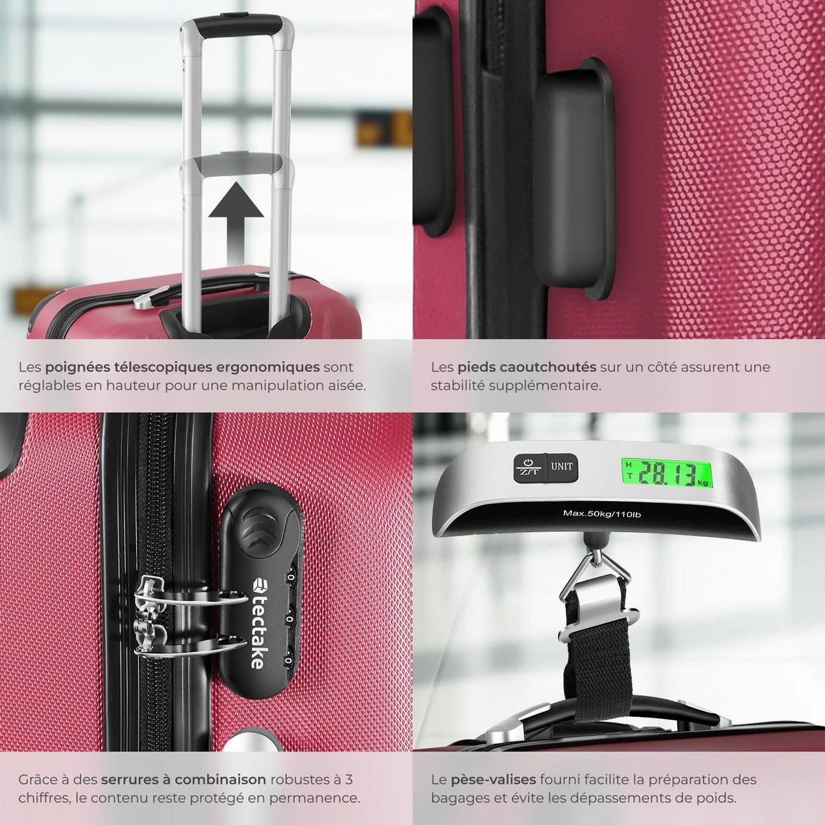 tectake Ensemble de 3 valises 3 pièces en ABS robuste, balance à bagages et étiquette rouge bordeaux