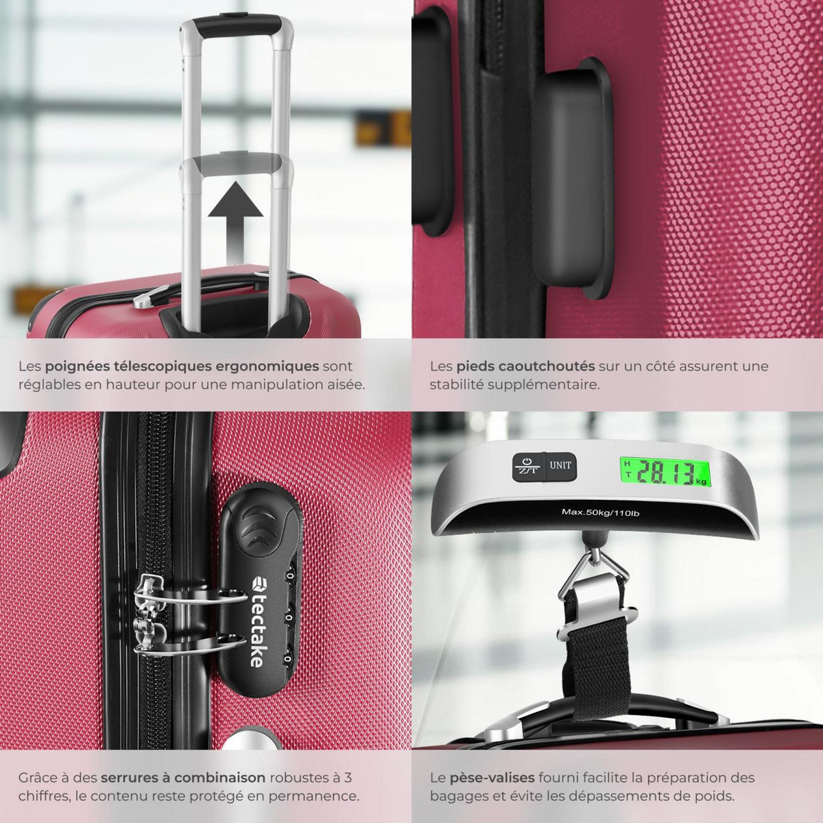 tectake Ensemble de 3 valises 3 pièces en ABS robuste, balance à bagages et étiquette rouge bordeaux