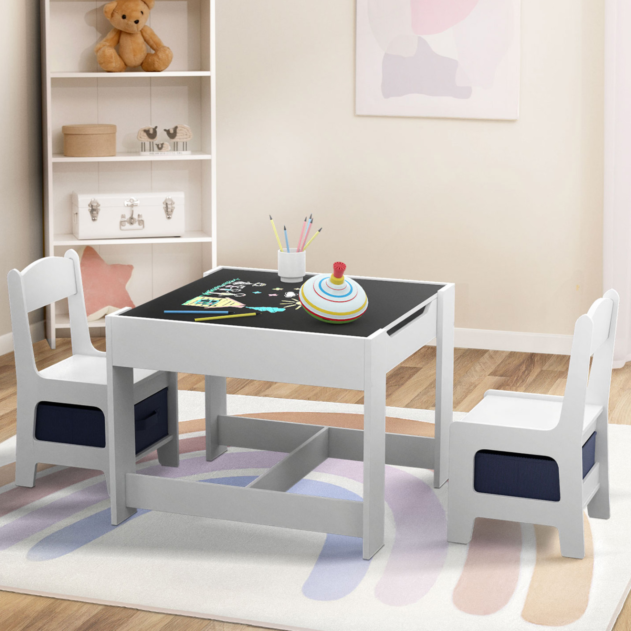 Voir la diapositive 2 : ID MARKET Table à dessin reversible + 2 chaises gabriel blanc avec bacs de rangement