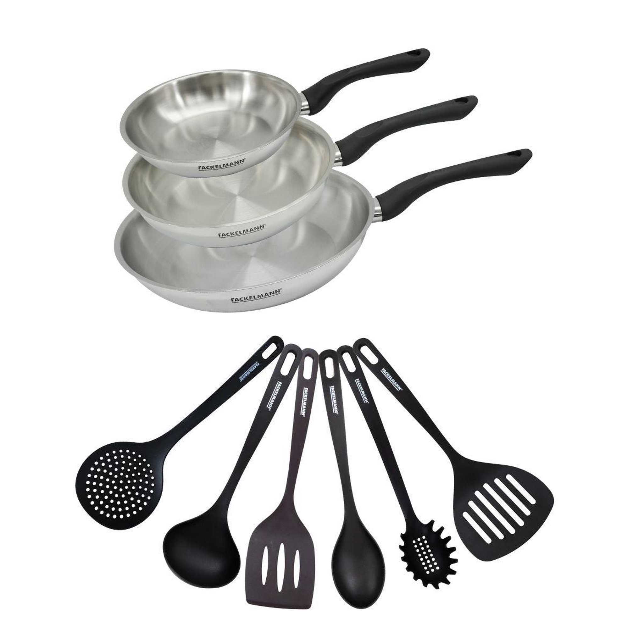Fackelmann Set 3 poêles 20 24 et 28 cm en inox et 6 ustensiles fackelmann geneva