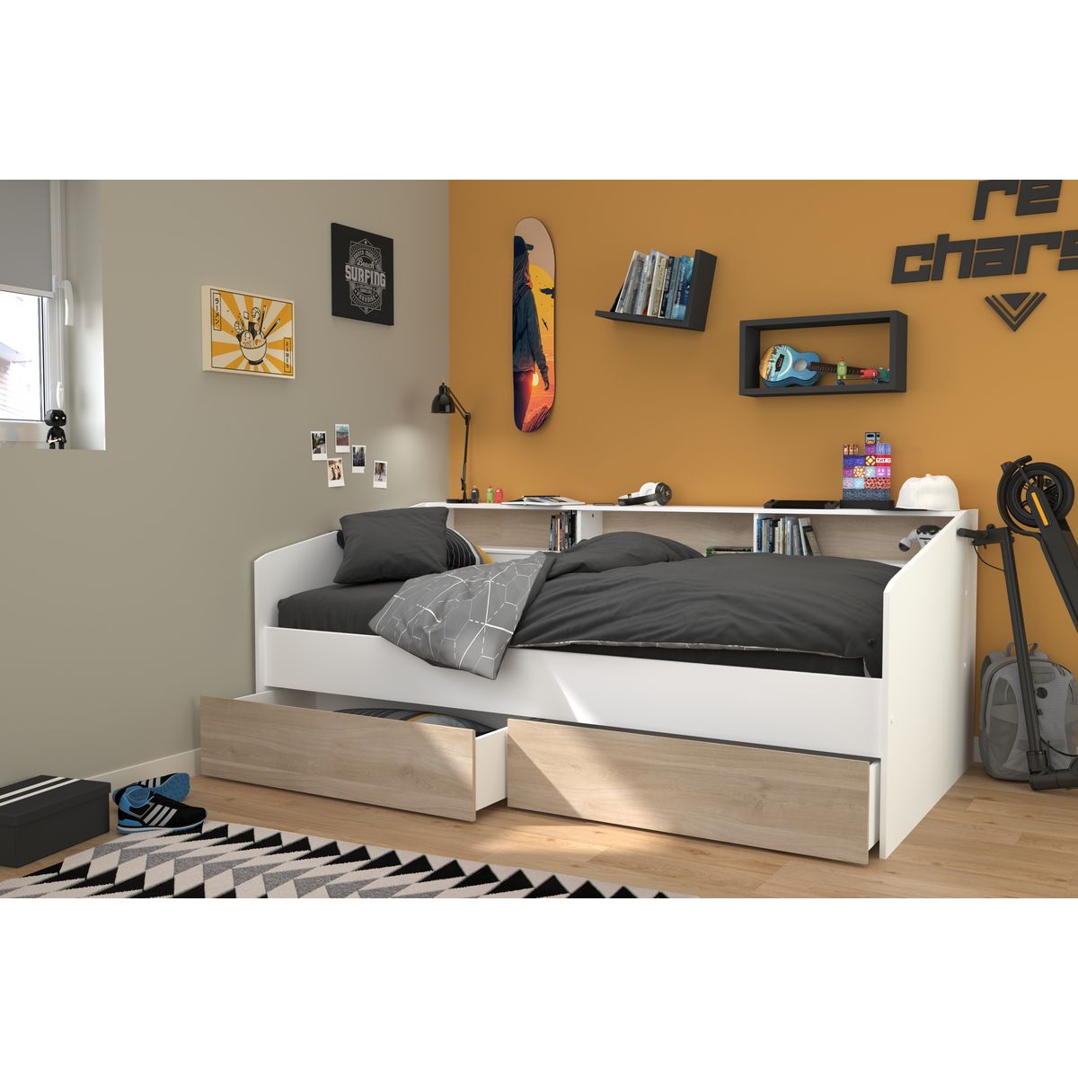 Lit banquette 90x190/200cm avec fonds de niche réversibles Blanc / Chêne NIGHT