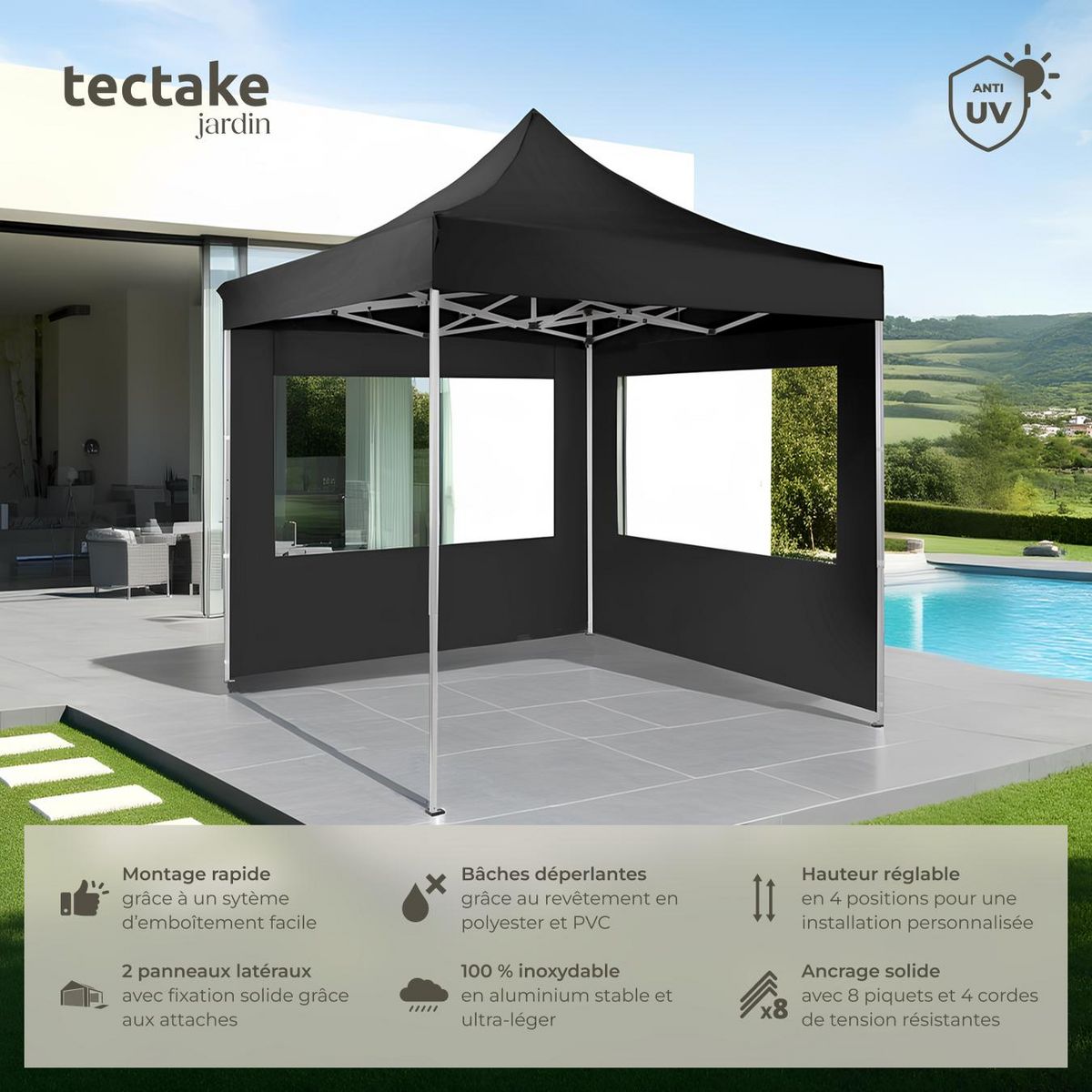 tectake Pavillon de jardin 3 x 3 m avec cadre en aluminium noir