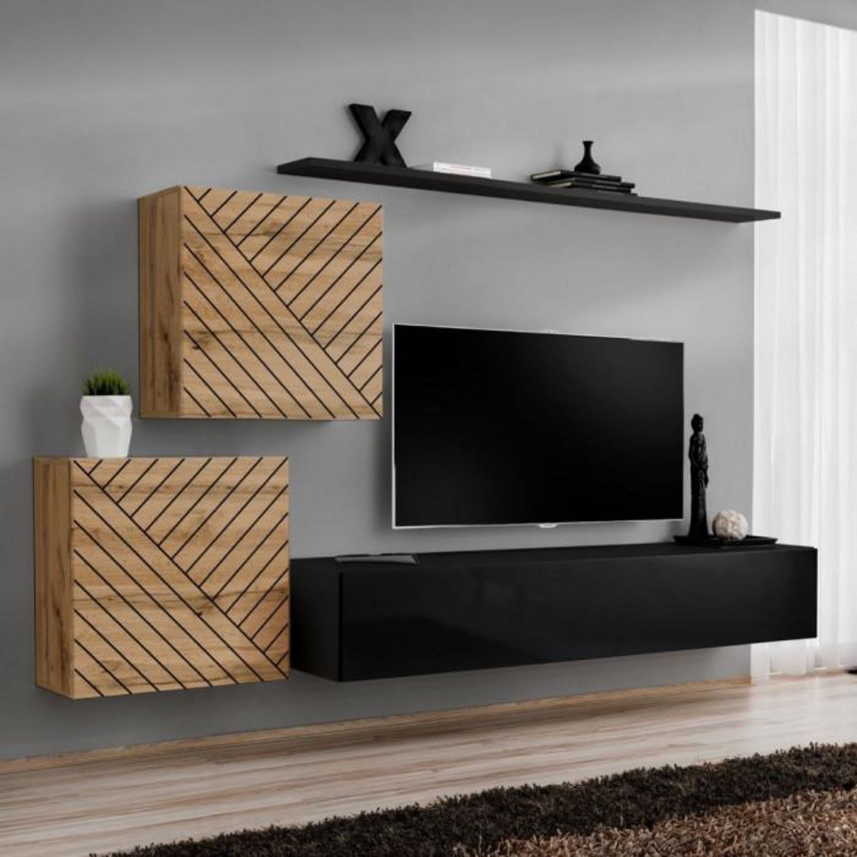 Paris Prix Ensemble Meuble TV  Switch Lamel V  250cm Noir & Naturel