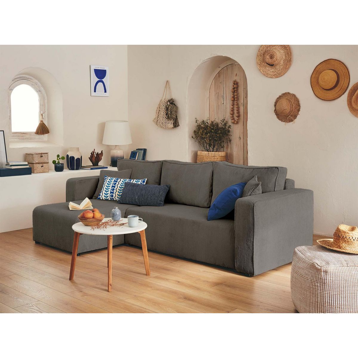 BEST MOBILIER Topaze - canapé d'angle réversible - 4 places - convertible avec coffre - en velours côtelé