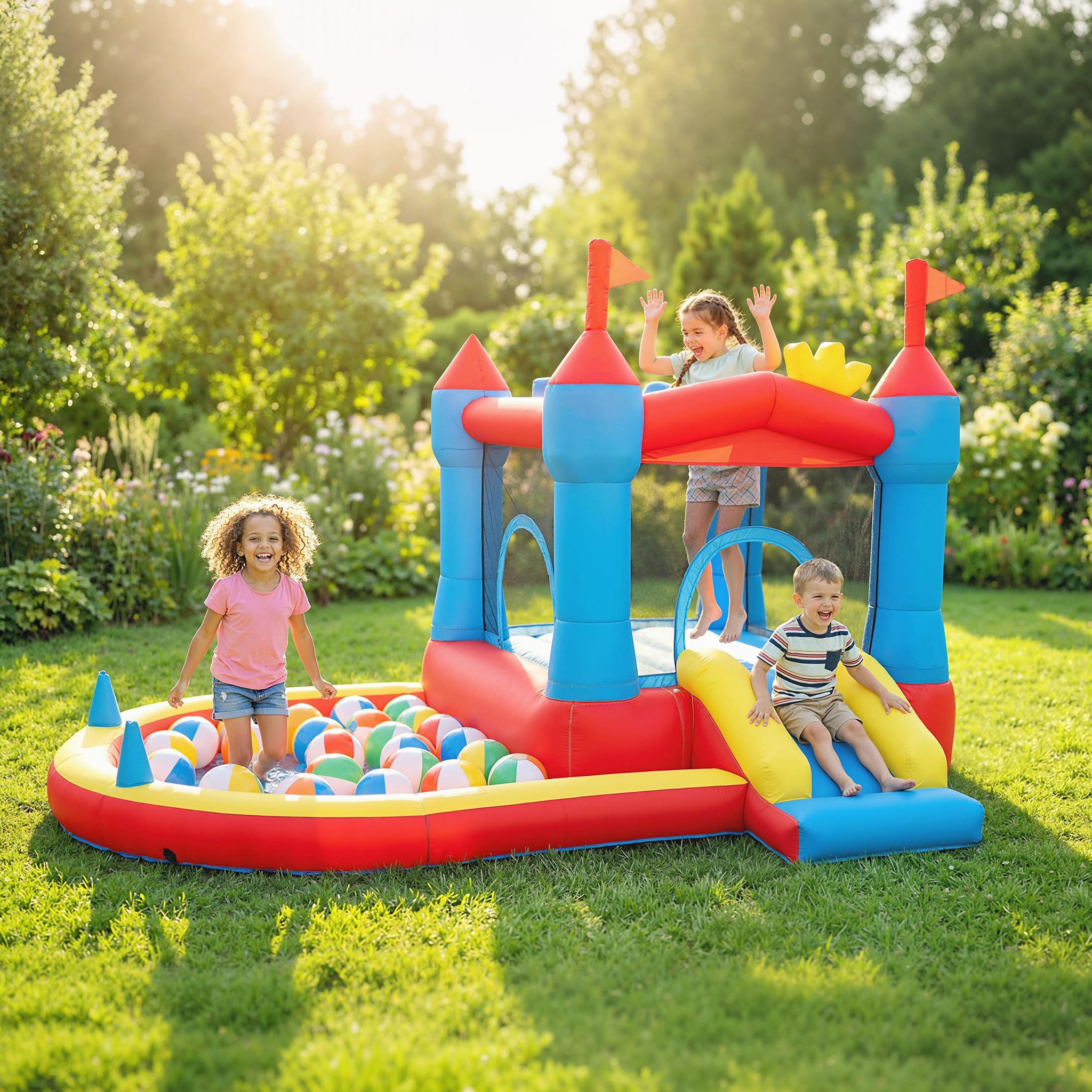 Voir la diapositive 2 : HOMCOM Château gonflable 4 en 1 piscine toboggan trampoline panier de basket