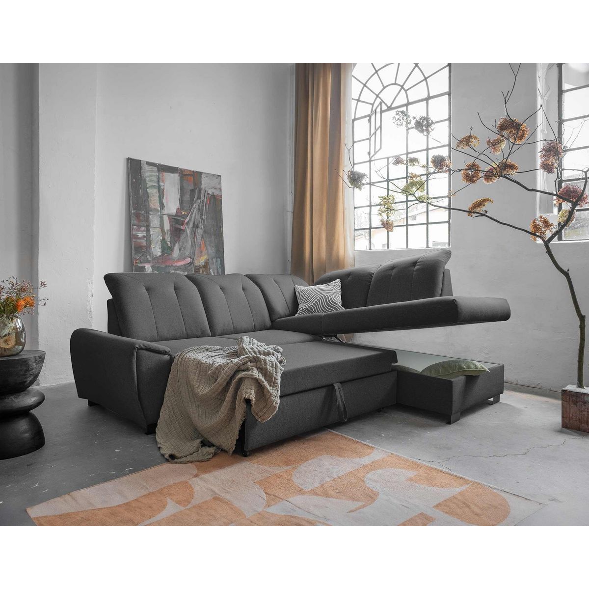 BEST MOBILIER Paul - canapé d'angle droit - 5 places - convertible avec coffre et têtières - en tissu