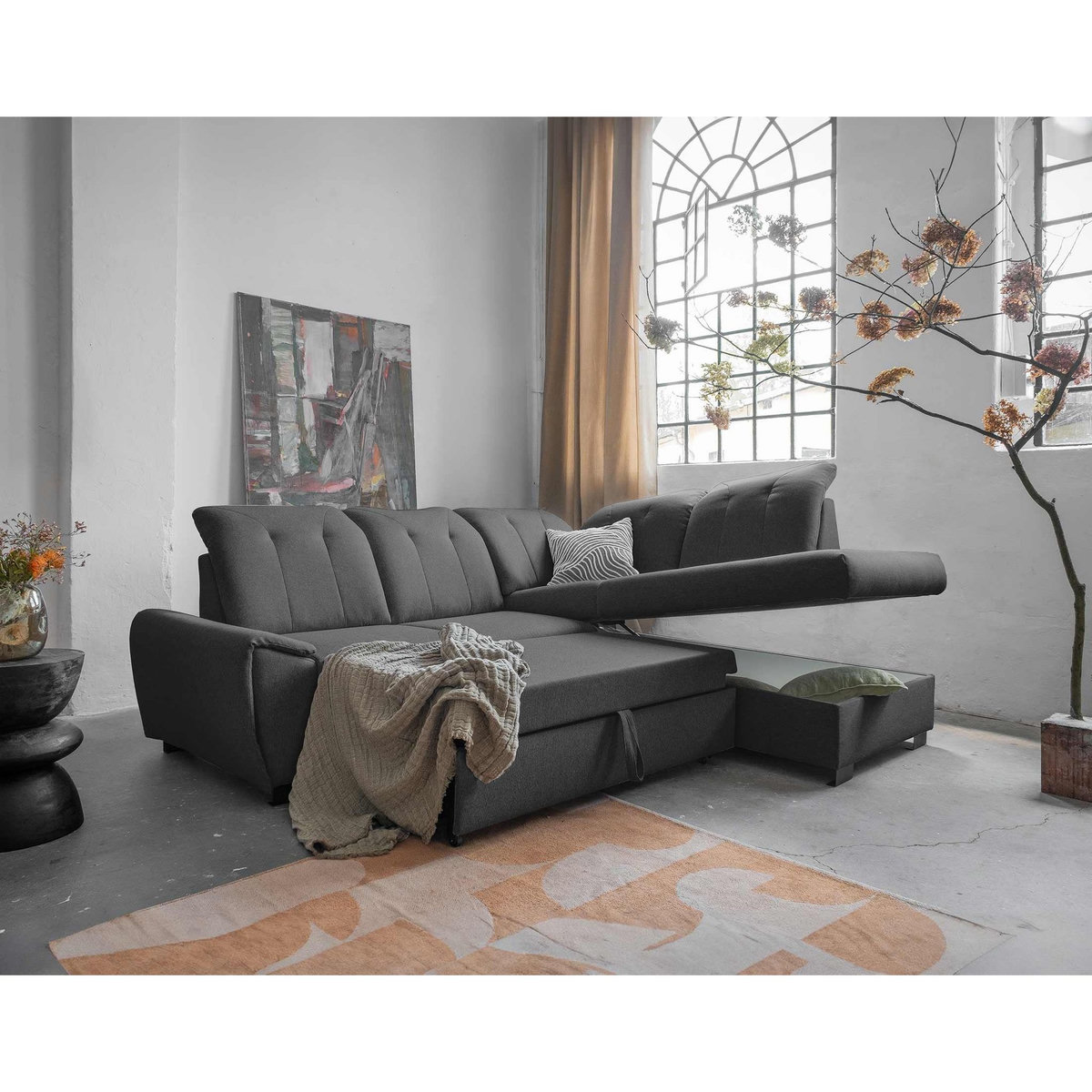 BEST MOBILIER Paul - canapé d'angle droit - 5 places - convertible avec coffre et têtières - en tissu