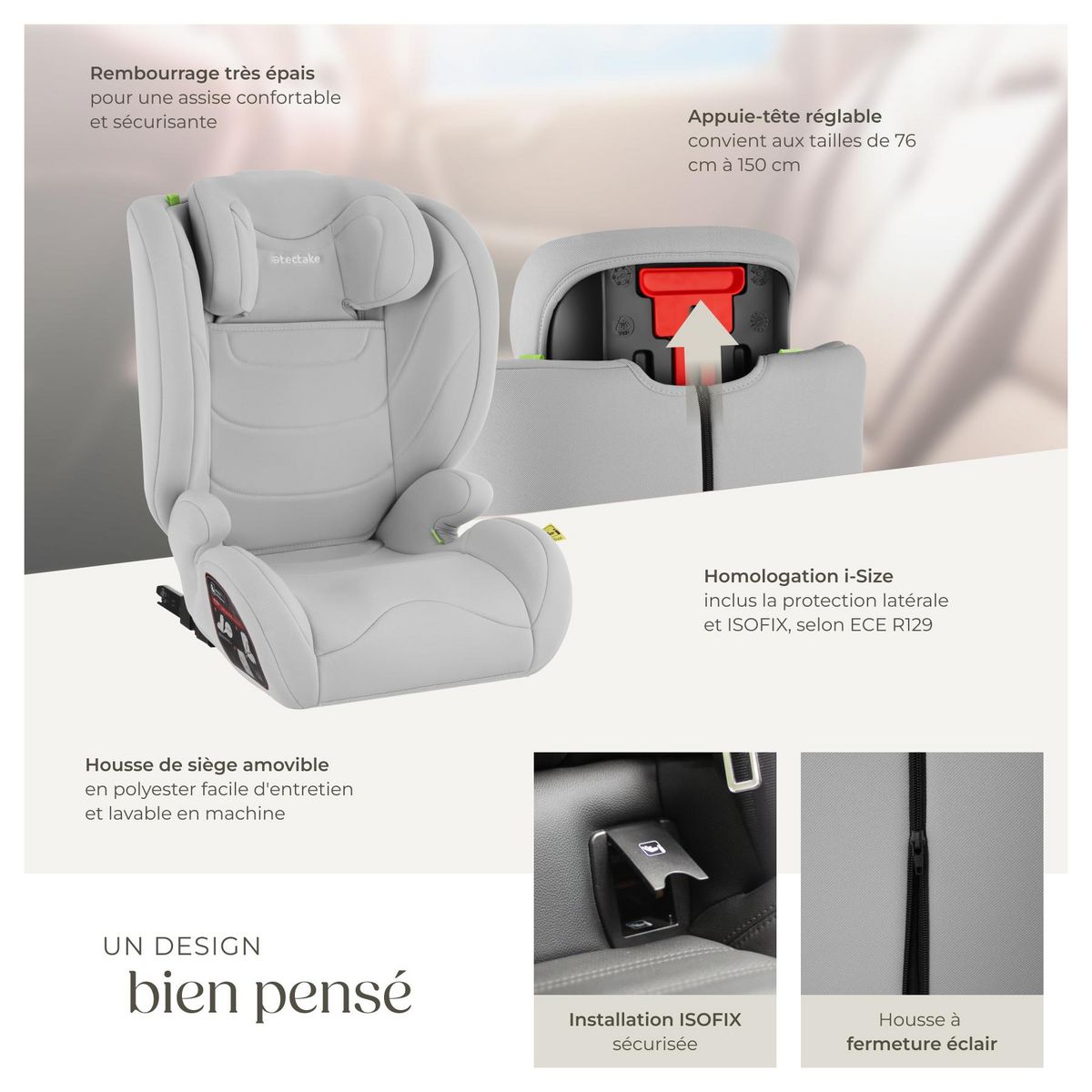 tectake Siège auto norme i-size et base isofix avec protection contre les chocs latéraux gris clair