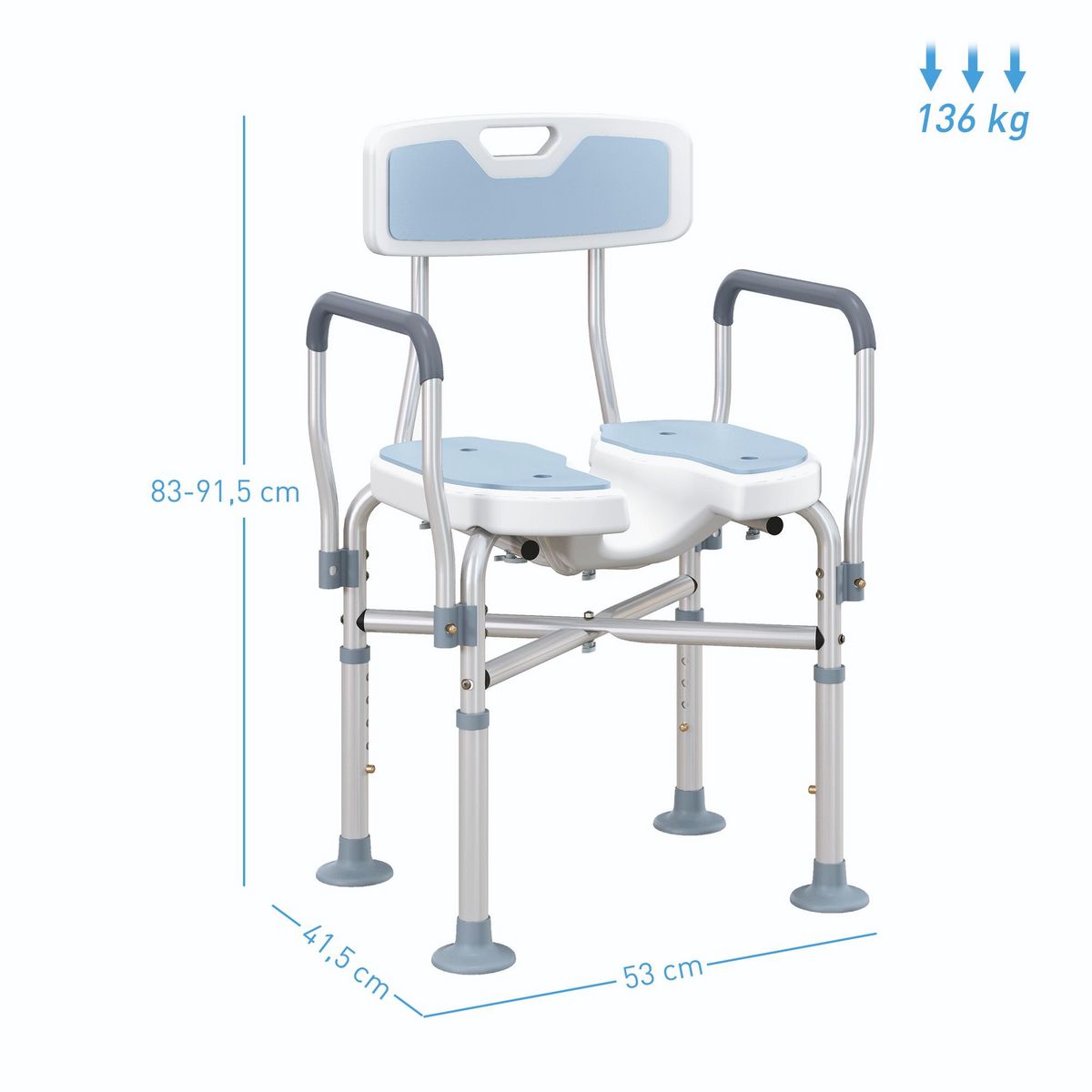 HOMCOM Tabouret de douche avec siège rembourrée et accoudoirs, chaise de douche, tabouret de bain, hauteur réglable 83-91,5 cm, cadre en aluminium et pieds antidérapants, bleu