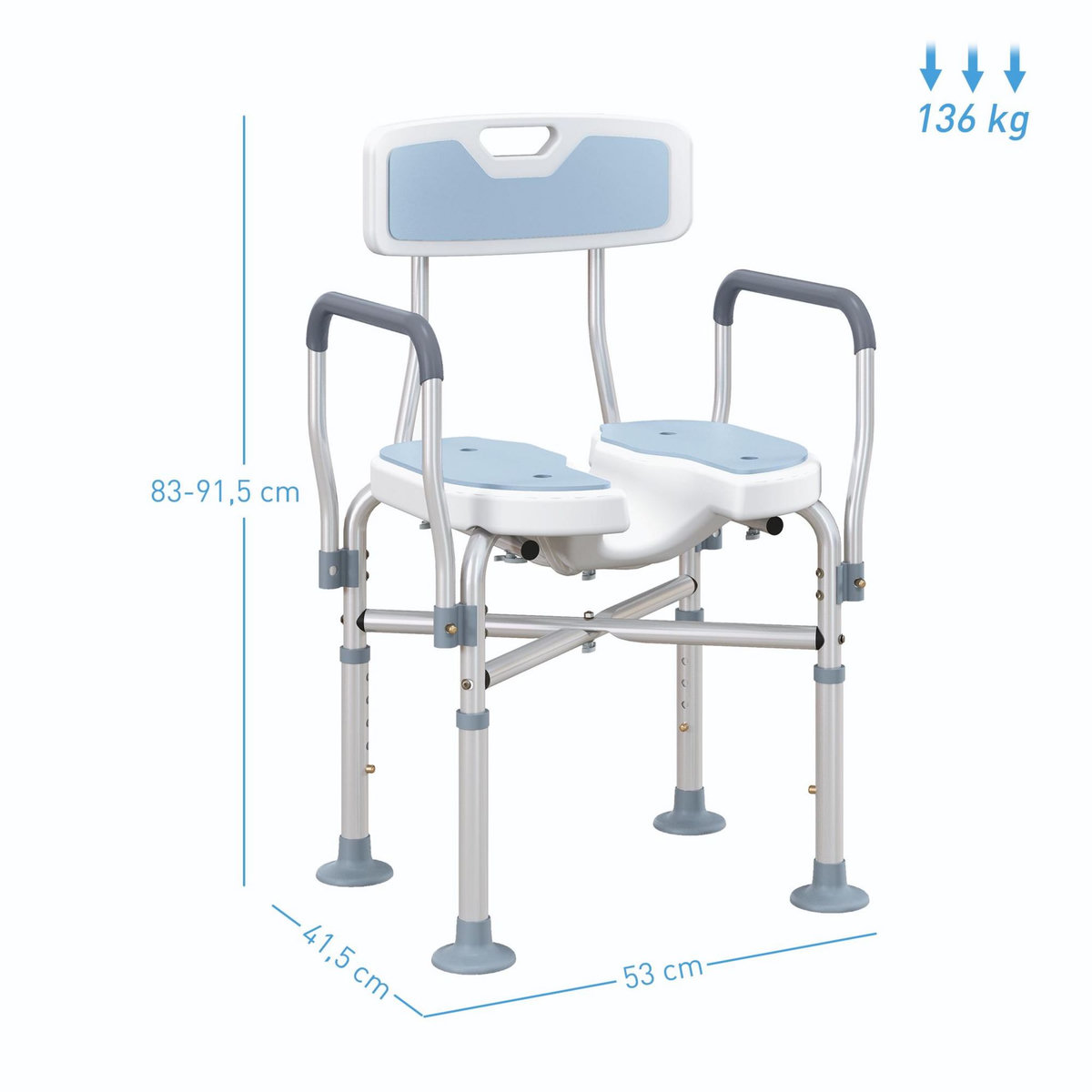 HOMCOM Tabouret de douche avec siège rembourrée et accoudoirs, chaise de douche, tabouret de bain, hauteur réglable 83-91,5 cm, cadre en aluminium et pieds antidérapants, bleu