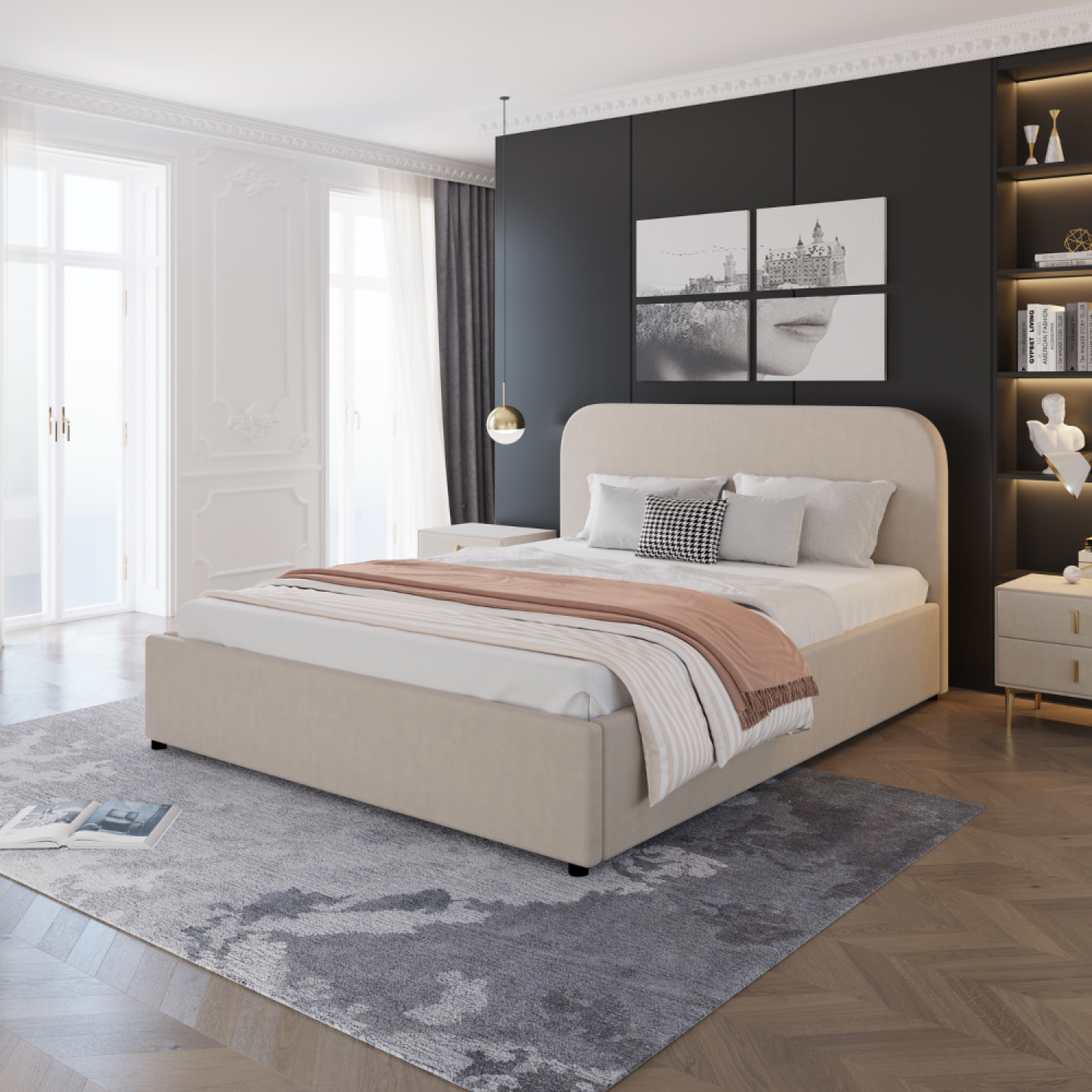 Voir la diapositive 2 : CONCEPT USINE Lit avec coffre de rangement 160x200cm velours beige houston