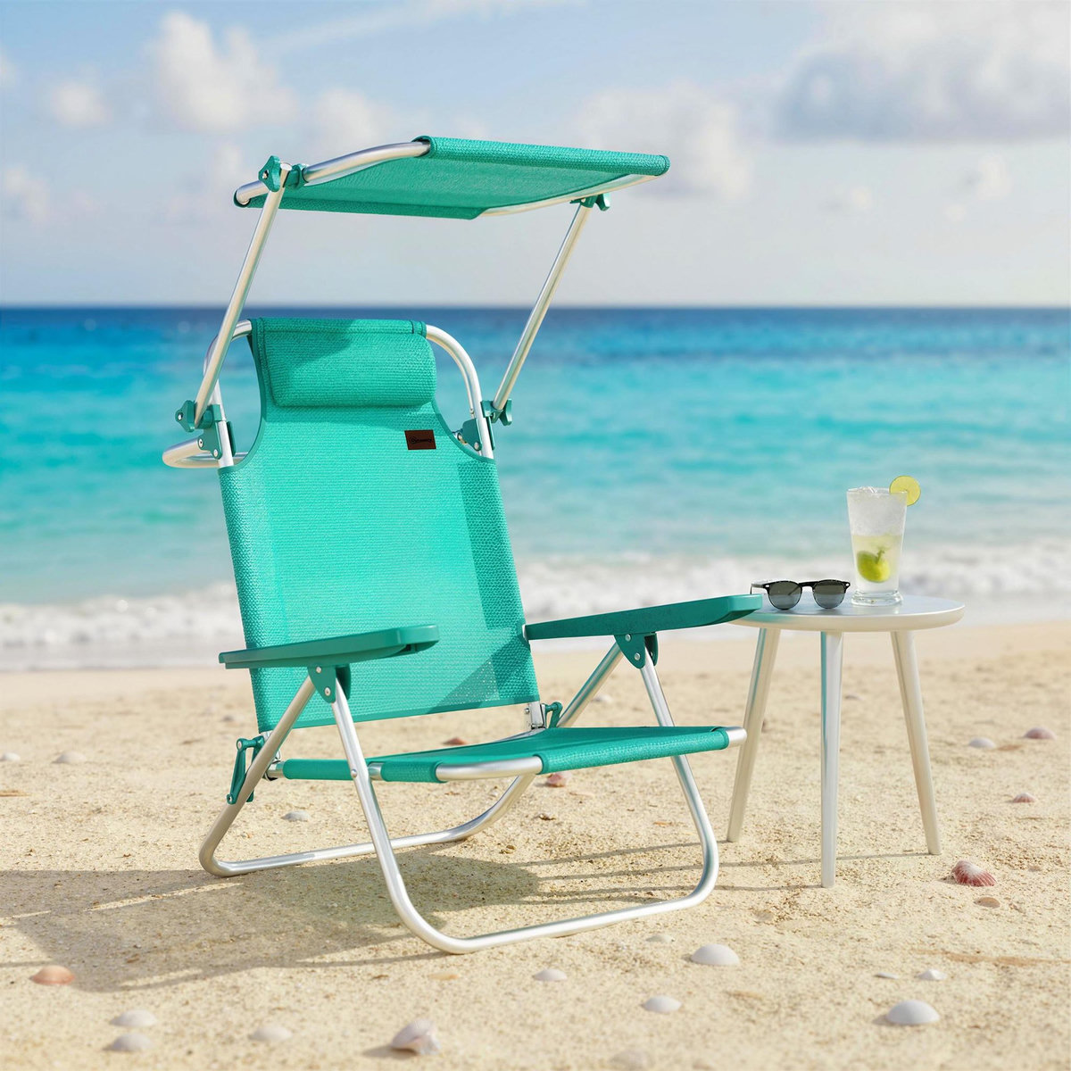 OUTSUNNY Chaise de plage pliable inclinable avec pare-soleil turquoise