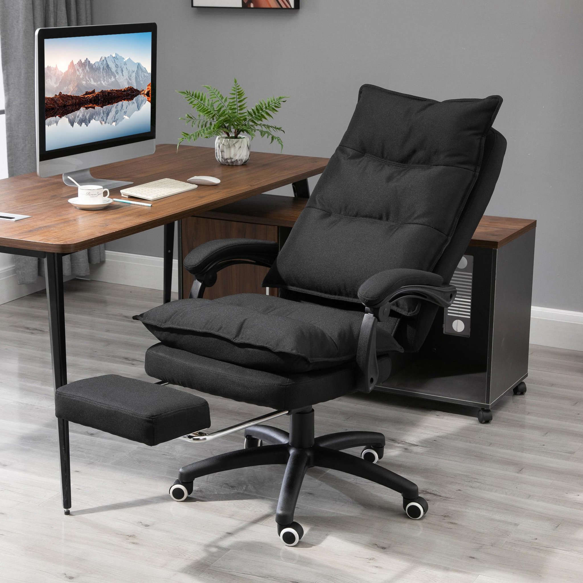 Voir la diapositive 2 : HOMCOM Fauteuil de bureau direction massant hauteur réglable dossier inclinable repose-pied intégré toile de lin noir