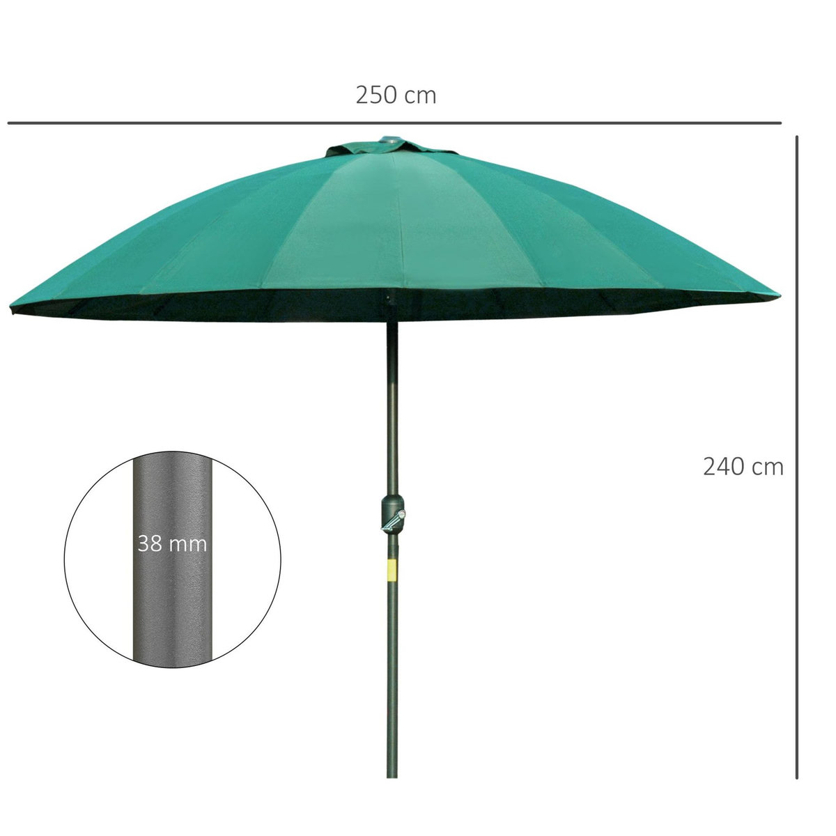 OUTSUNNY Parasol inclinable rond avec manivelle métal fibre de verre Ø 2,55 m polyester haute densité vert