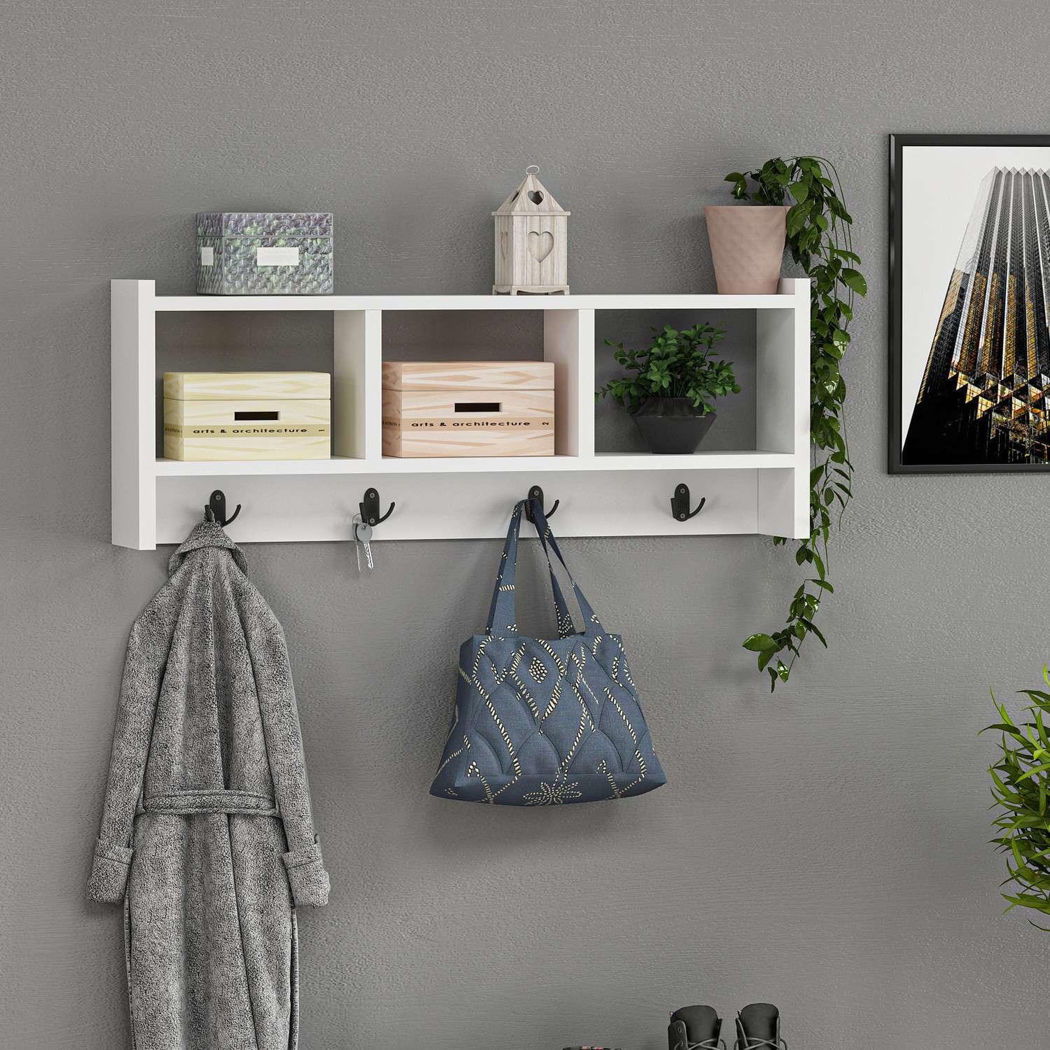 Voir la diapositive 5 : TOILINUX Etagère murale 3 niches et patères hestia en en bois - blanc