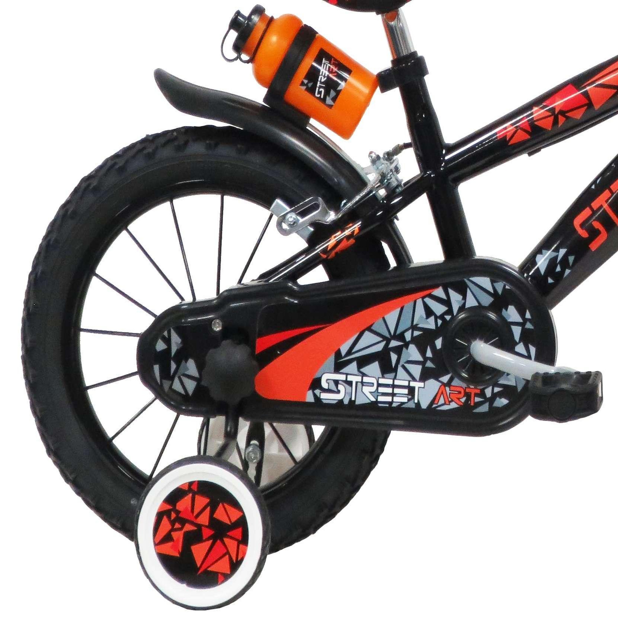 Voir la diapositive 2 : Vélo enfant - Modèle 14'' Street Art  pour enfant de 95/110 cm avec stabilisateurs - Plaque décorative avant - Porte bidon - 2 freins