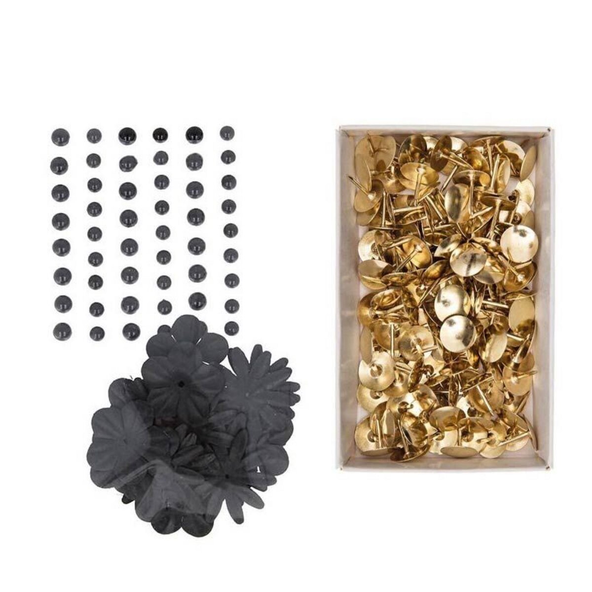 Youdoit Perles autocollantes & fleurs papier noires + 150 punaises dorées