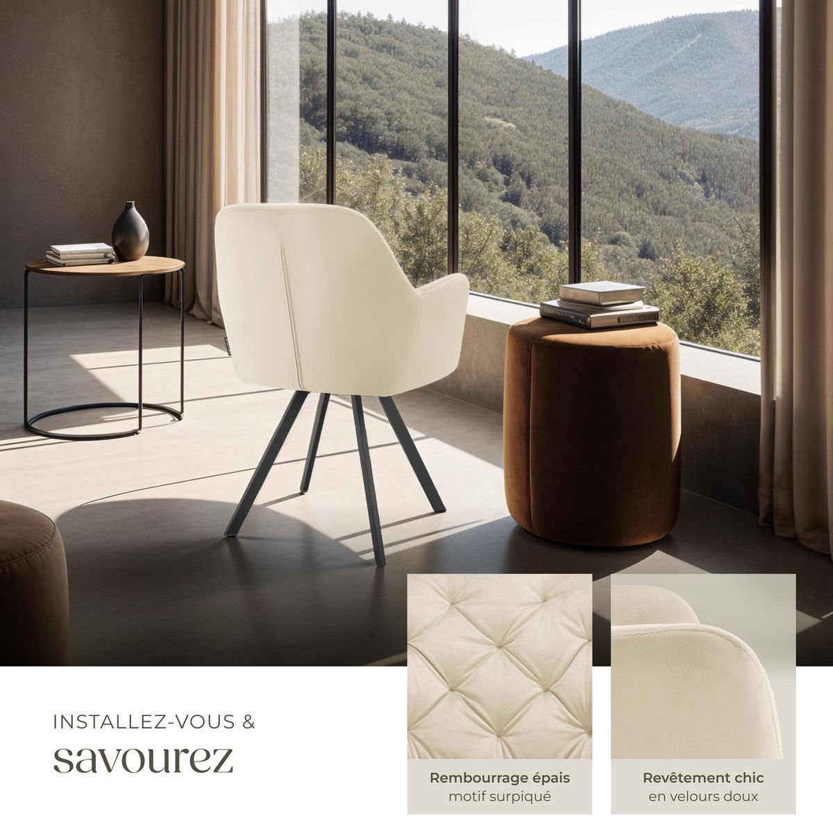 tectake Fauteuil pivotant en velours avec accoudoirs rembourré avec motif matelassé crème Lot de 6