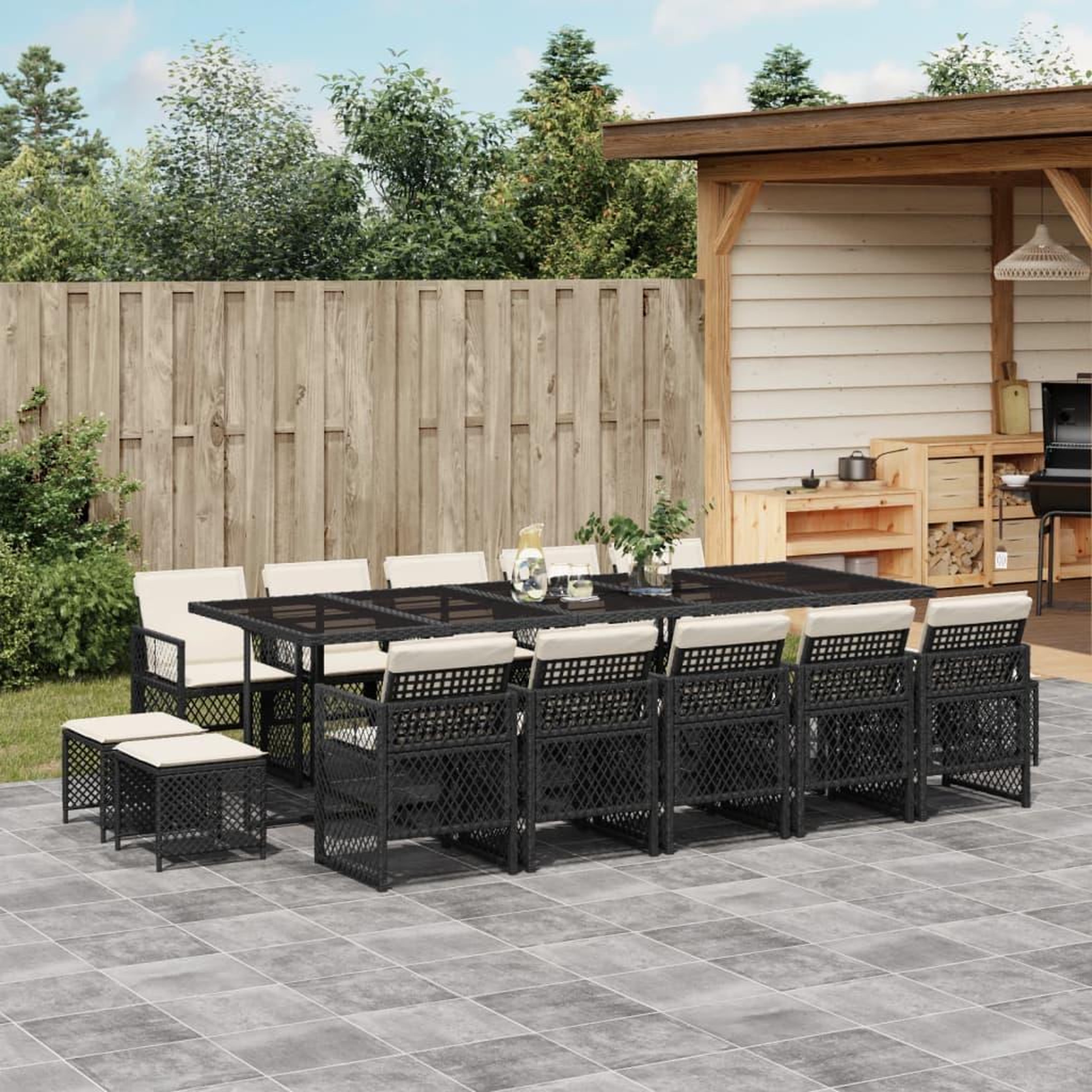 VIDAXL Ensemble a manger de jardin 15 pcs coussins noir resine tressee