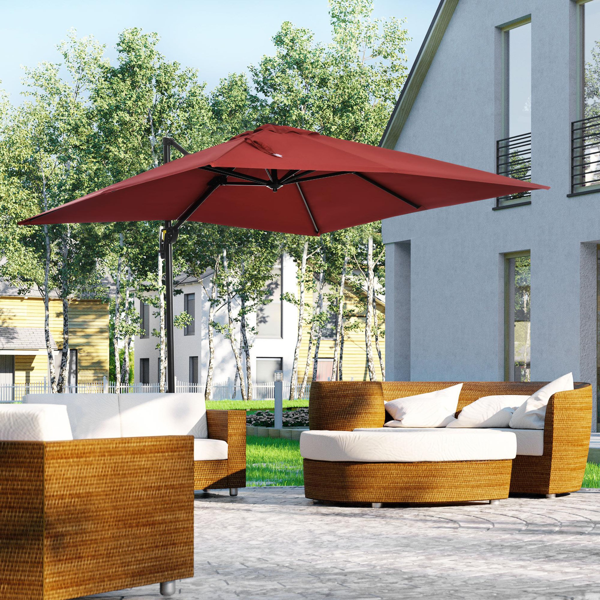 Voir la diapositive 2 : OUTSUNNY Parasol déporté carré inclinable manivelle avec pied en acier dim. 2,45L x 2,45l x 2,45H m métal alu. polyester haute densité rouge