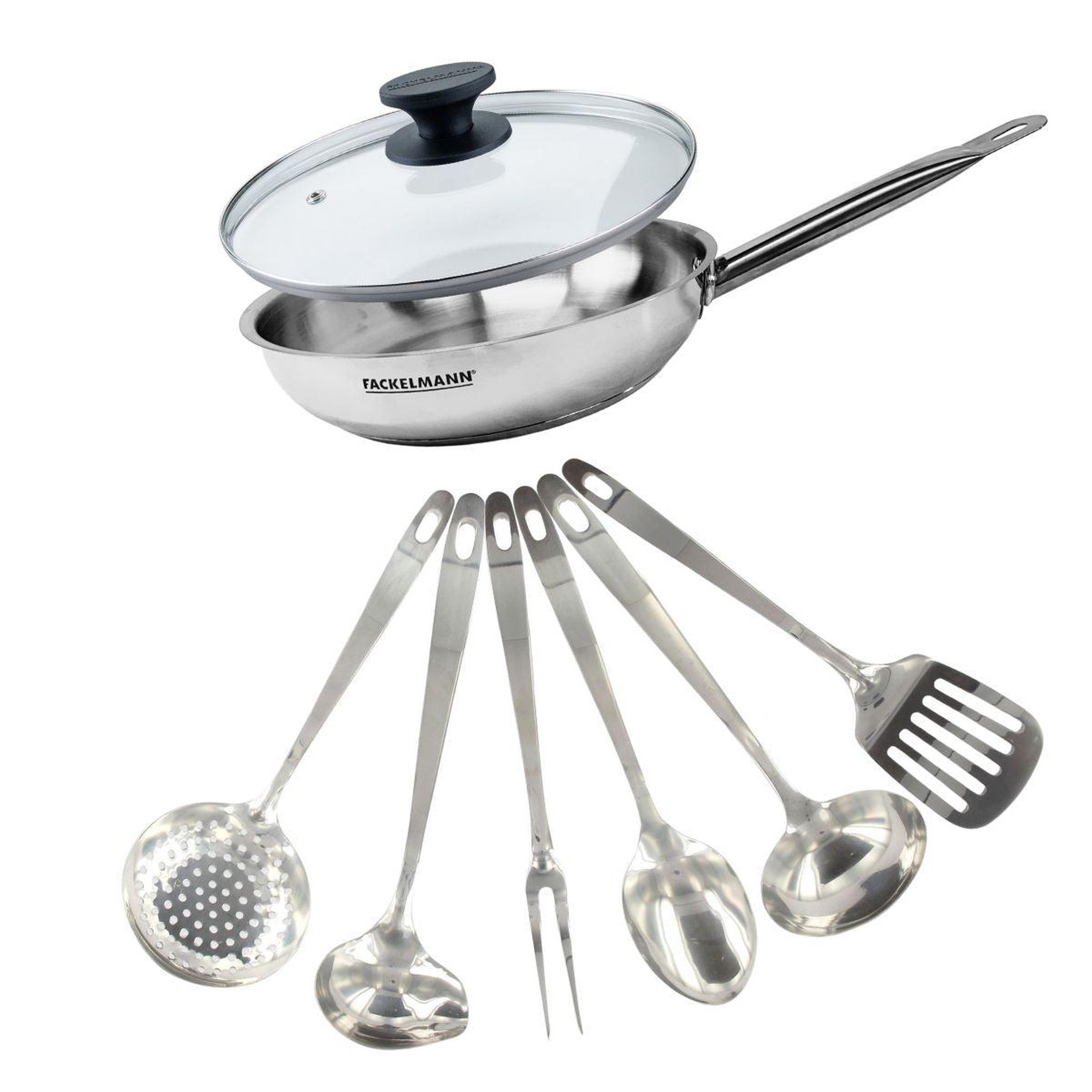 Fackelmann Set poêle 28 cm en inox, couvercle verre et 6 ustensiles inox fackelmann eterna
