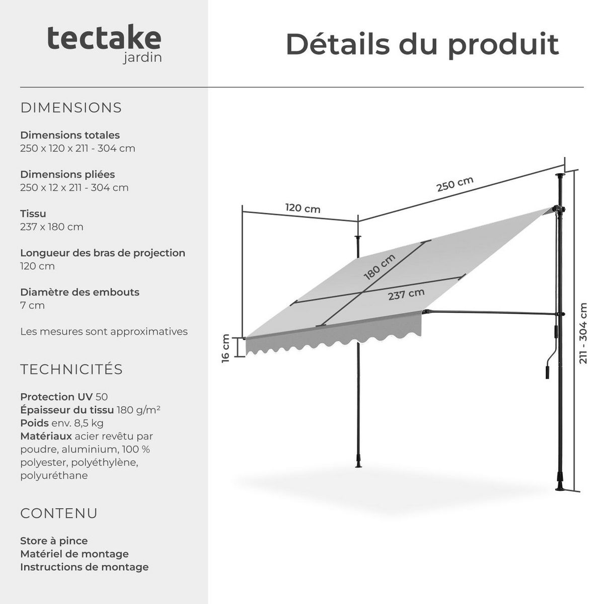 tectake Store à pince sans perçage avec manivelle gris clair 250 x 180 cm