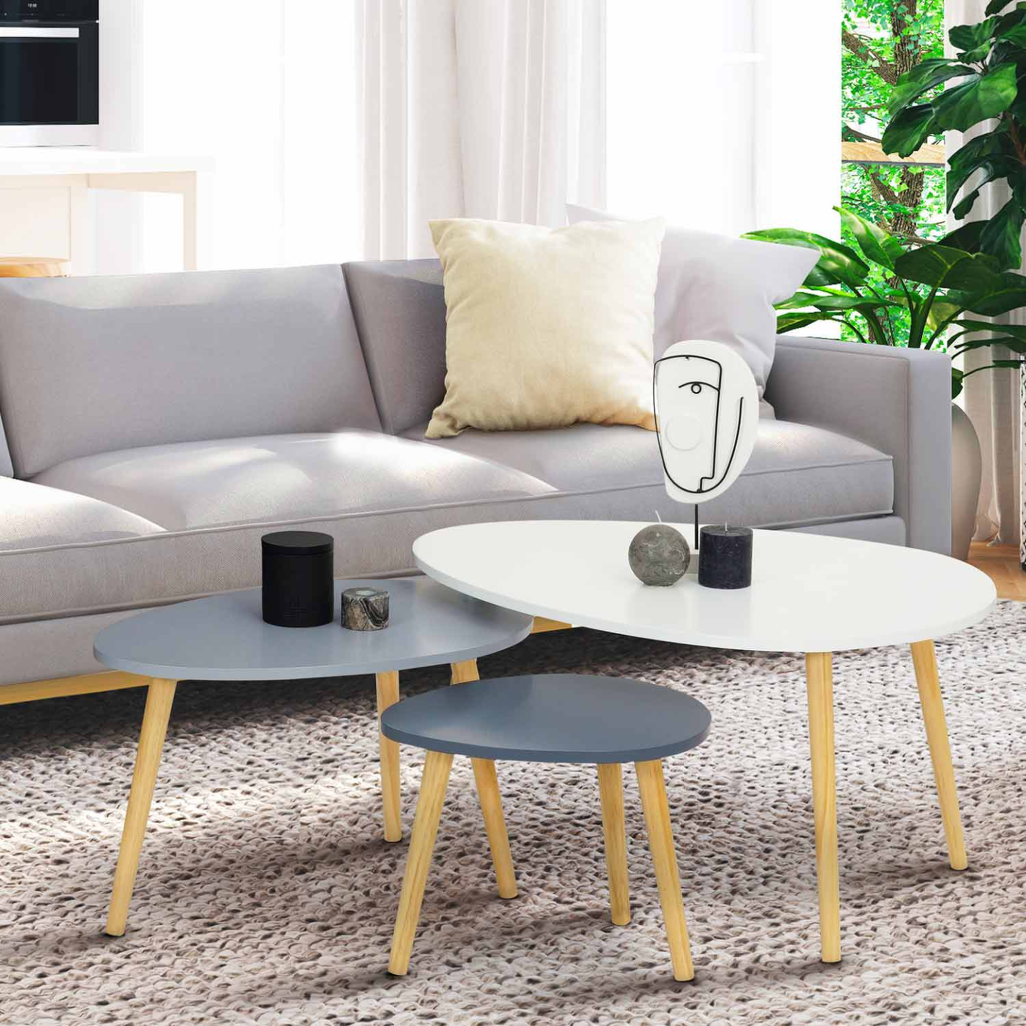 Voir la diapositive 2 : ID MARKET Lot de 3 tables basses gigognes gaia blanc gris scandinave