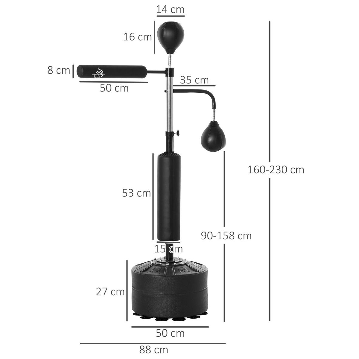 HOMCOM Sac de frappe boxe autoportant punching ball brunier 3 en 1 revêtement synthétique dim. 88L x 50l x 160-230H cm noir