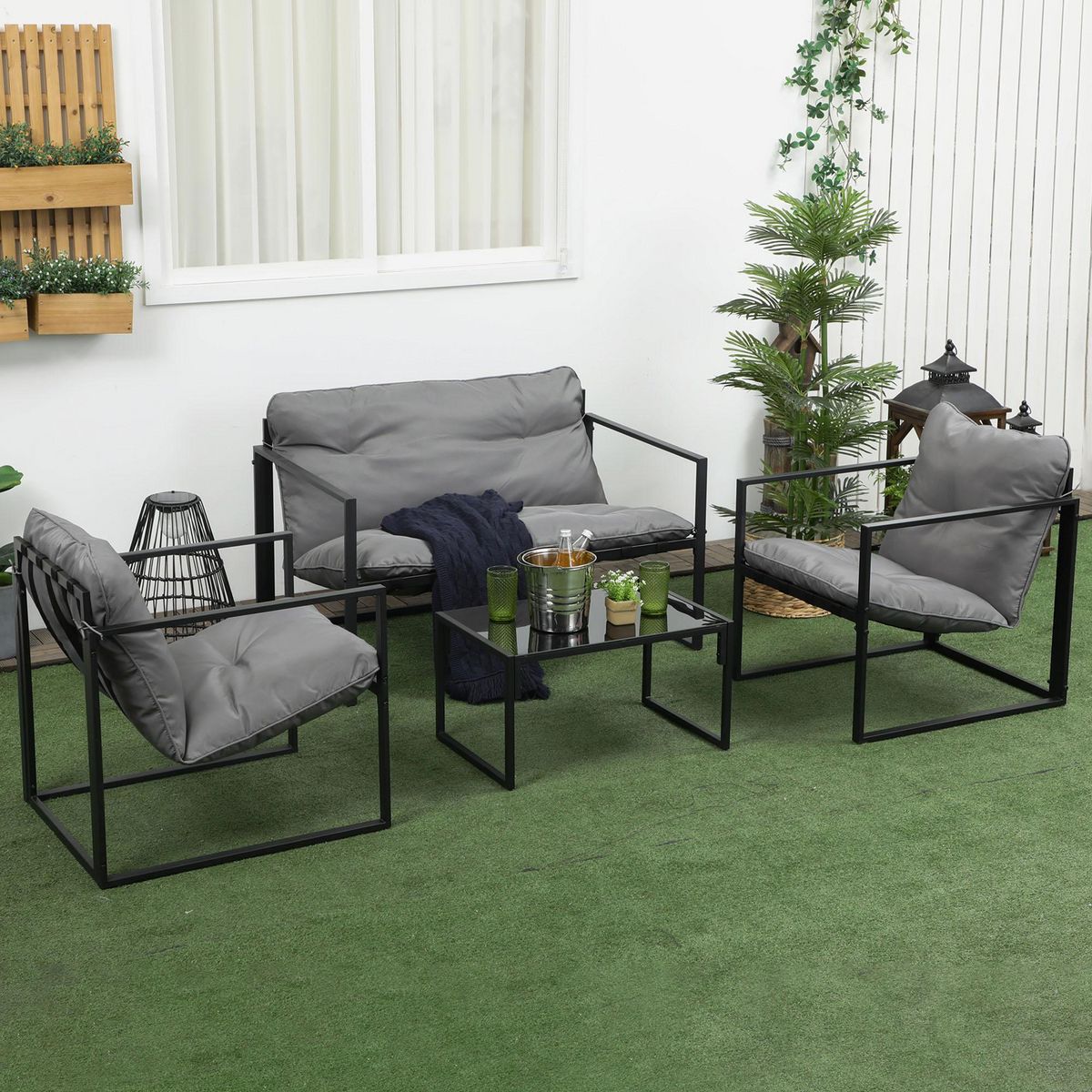 OUTSUNNY Salon de jardin 4 personnes - 4 pièces, 3 coussins - acier époxy noir polyester gris