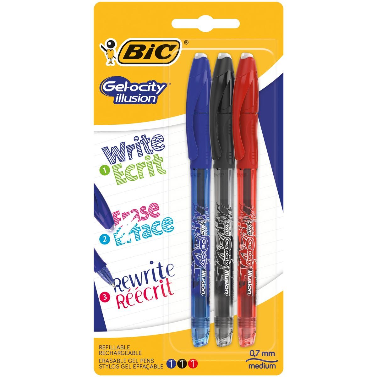 BIC Stylos gel effaçables pointe moyenne bleu/noir/rouge GEL-OCITY ILLUSION (lot de 3) 3 pièces