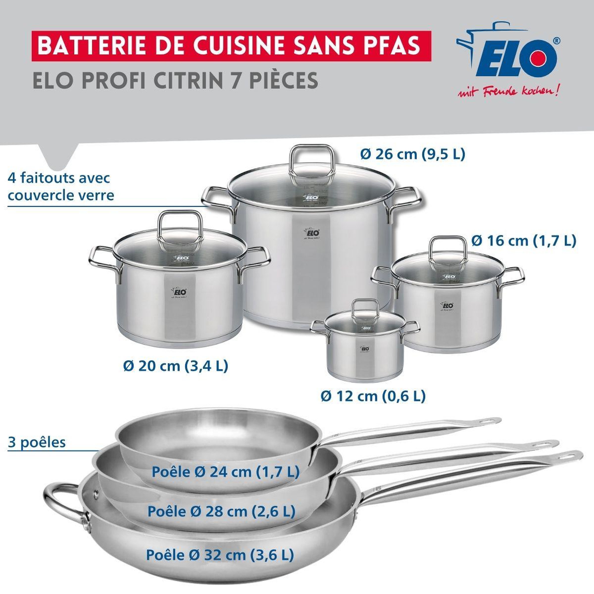 Voir la diapositive 2 : ELO Ensemble de 3 poêles de cuisson 24, 28 et 32 cm et 4 faitouts 12, 16, 20 et 26 cm elo profi citrin