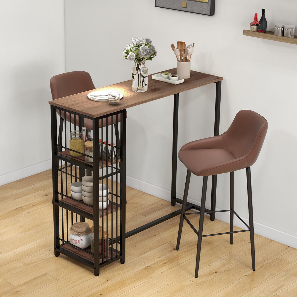 HOMCOM Table de bar 3 étagères style industriel acier noir aspect panneaux aspect bois
