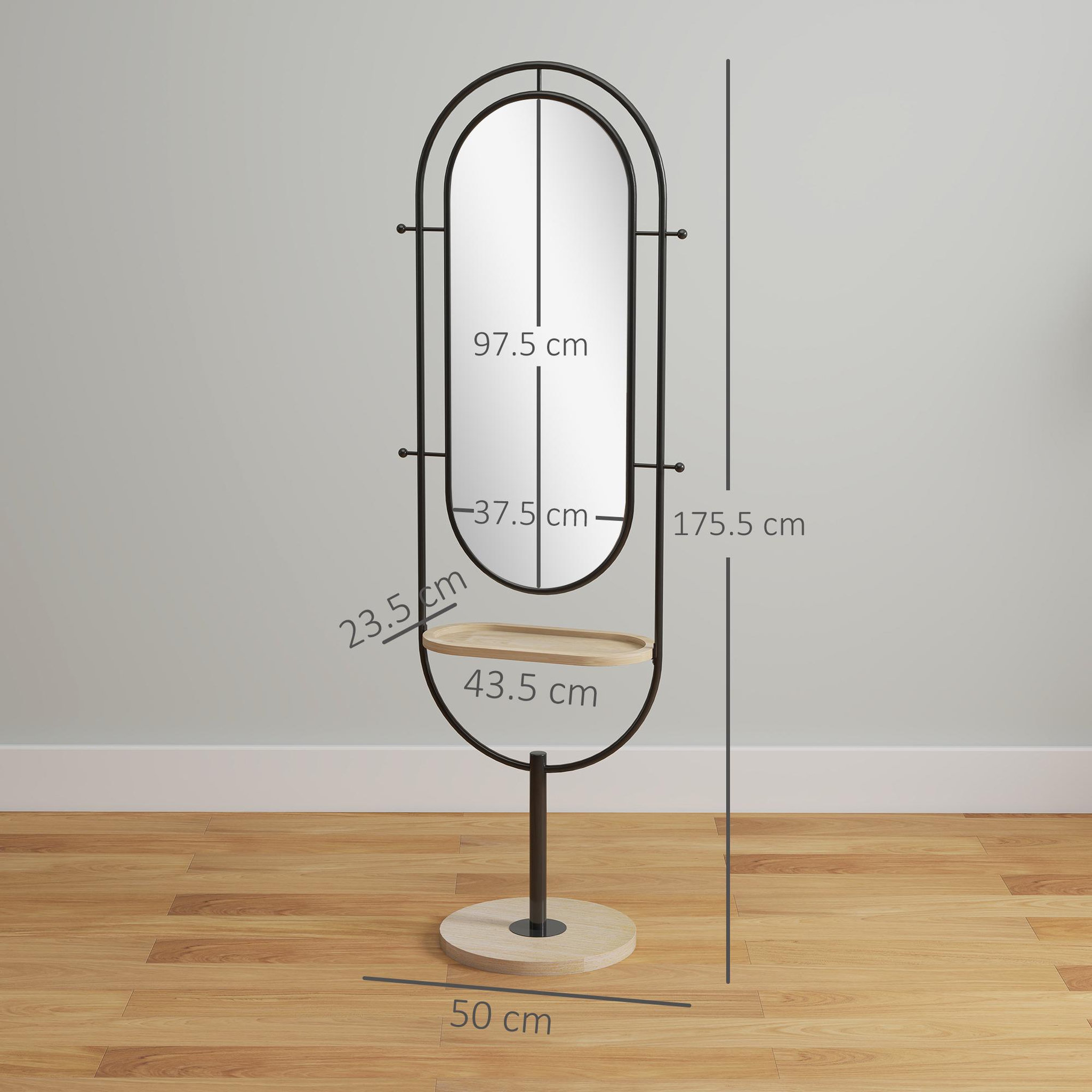 Voir la diapositive 3 : HOMCOM Miroir étagère design H.175 cm - miroir sur pied - tablette, 4 patères - métal noir bois hévéa verni naturel