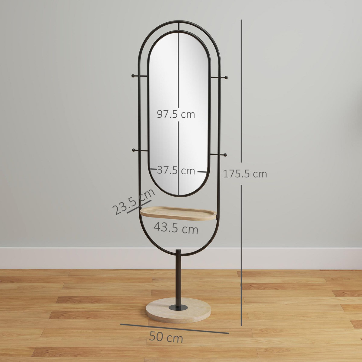 HOMCOM Miroir étagère design H.175 cm - miroir sur pied - tablette, 4 patères - métal noir bois hévéa verni naturel