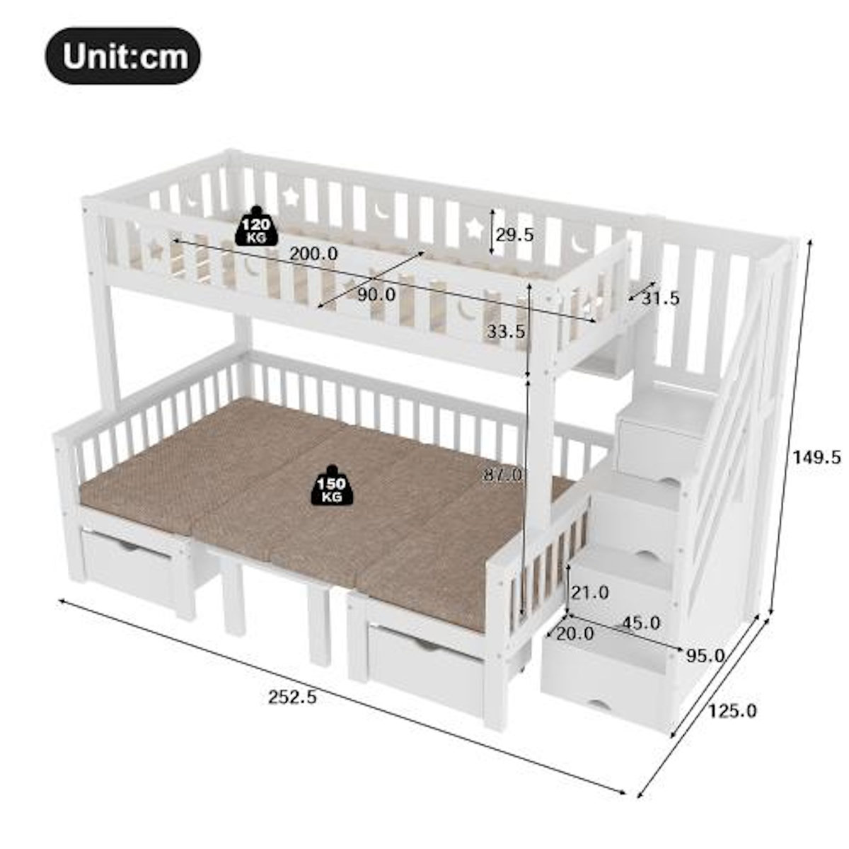 MERAX Lit mezzanine 90x200cm coloris blanc pin