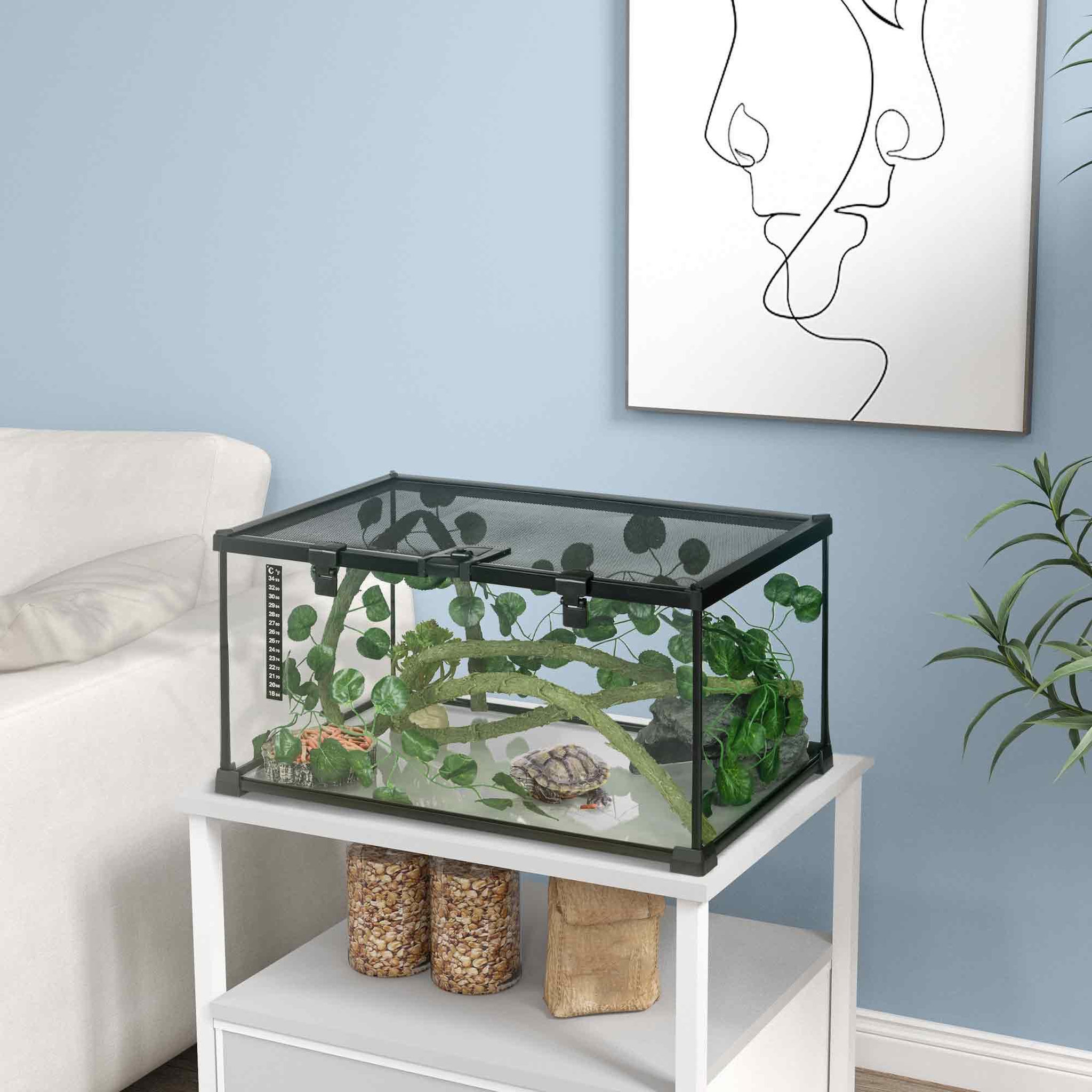 Voir la diapositive 2 : PAWHUT Terrarium verre transparent - couvercle treillis métallique coulissant verrouillable, trappe, distributeur eau, thermomètre - noir
