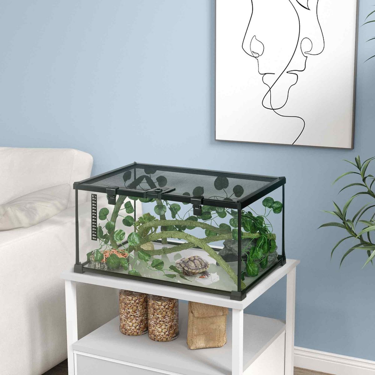 PAWHUT Terrarium verre transparent - couvercle treillis métallique coulissant verrouillable, trappe, distributeur eau, thermomètre - noir