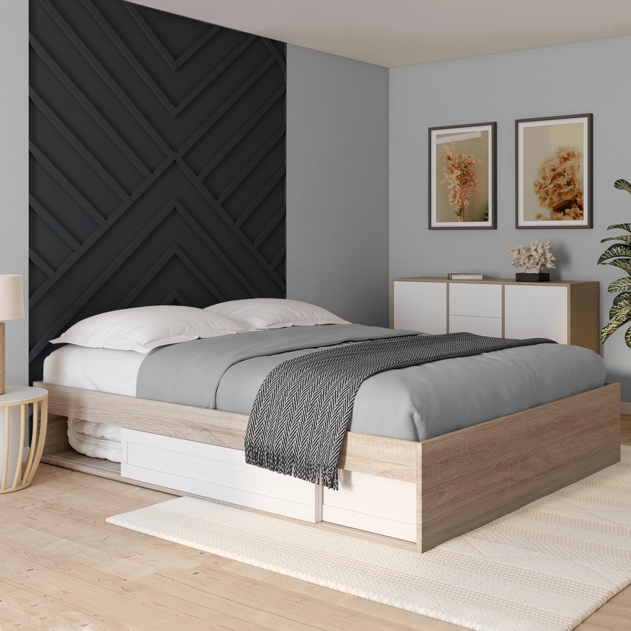 Voir la diapositive 2 : ID MARKET Cadre de lit double salem avec rangements et sommier 160 x 200 cm façon hêtre et blanc