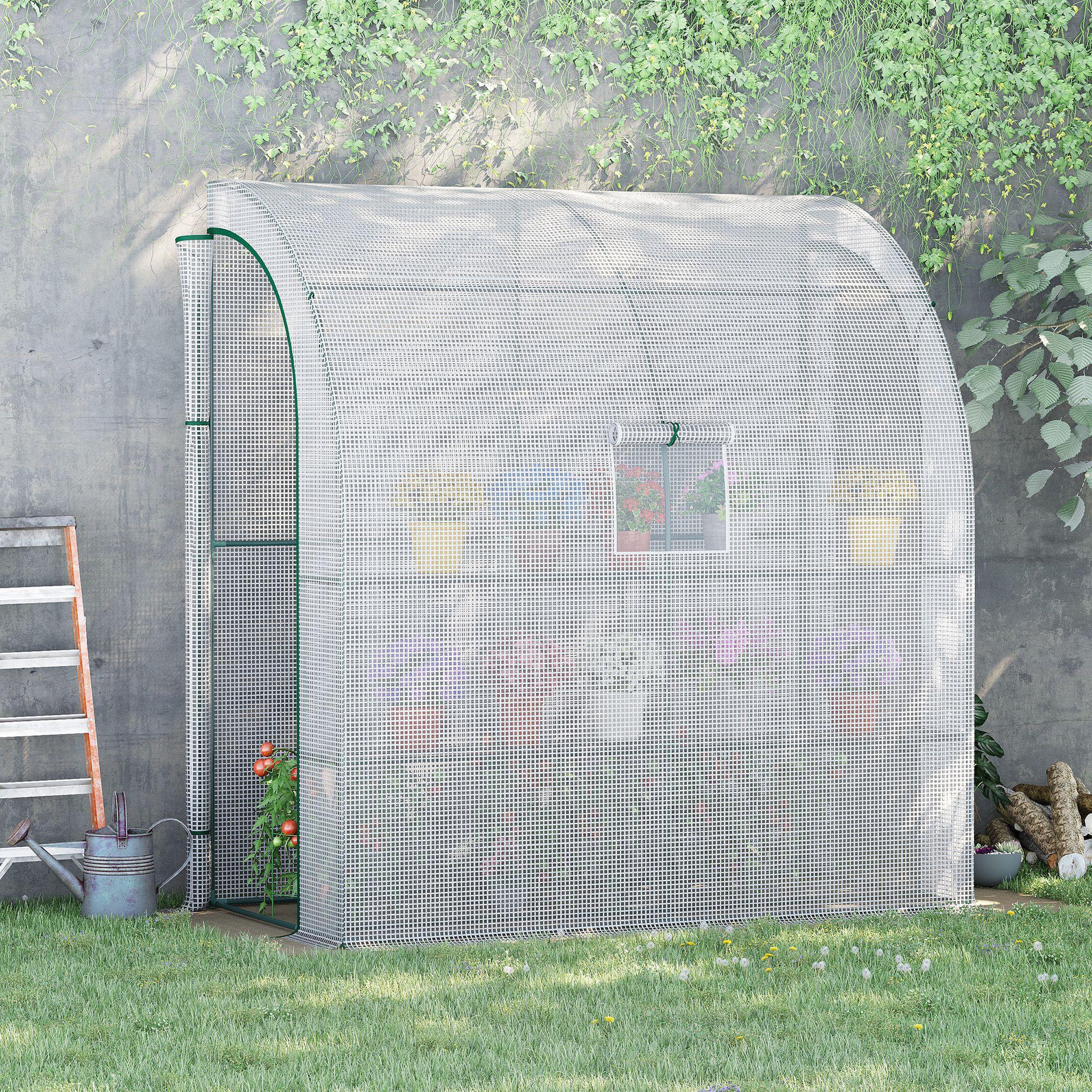 Voir la diapositive 2 : OUTSUNNY Serre de jardin adossée serre adossée dim. 2l x 1l x 2,13h m 4 étagères 2 portes zippées 1 fenêtre acier pe haute densité blanc