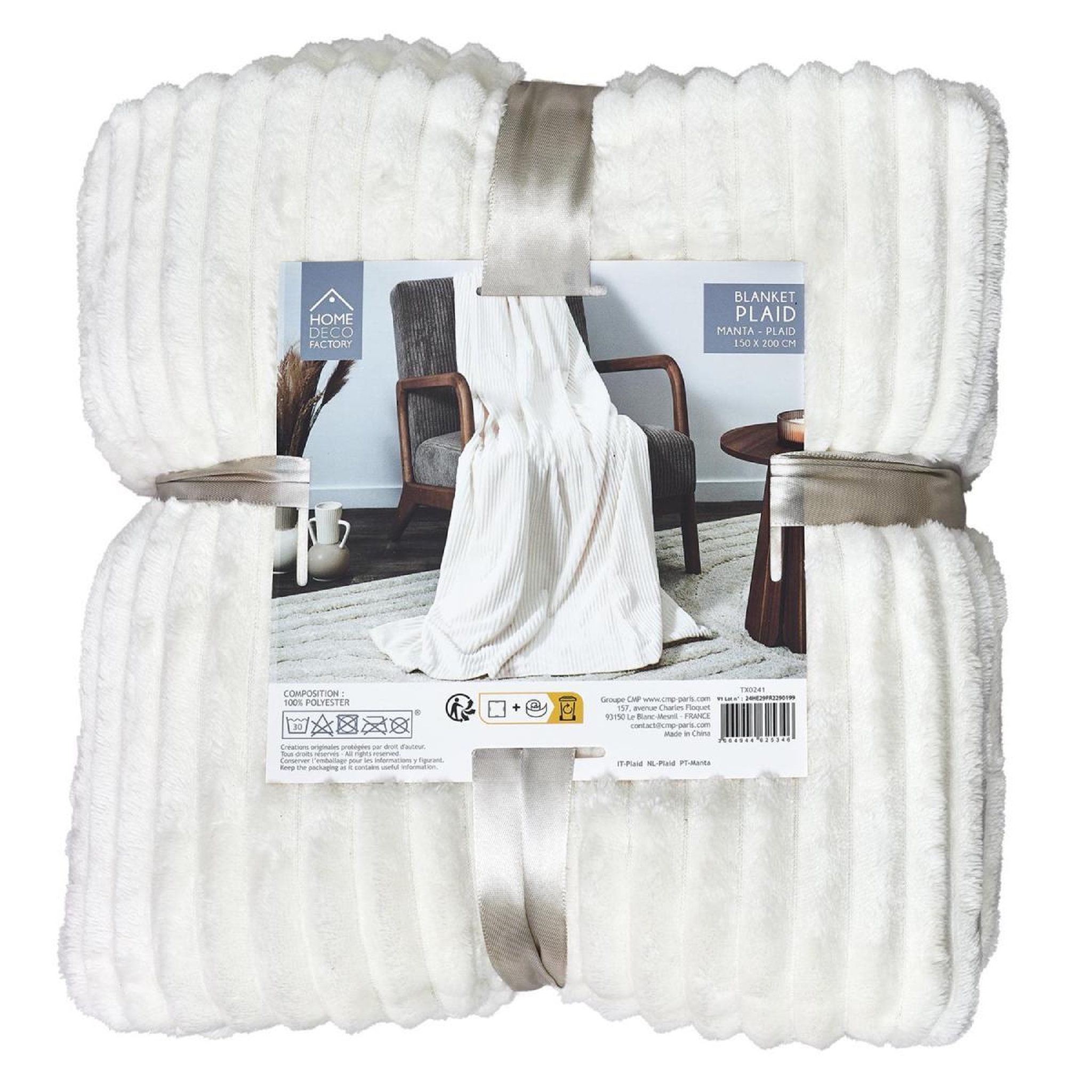 Voir la diapositive 2 : The Home Deco Factory Plaid en flanelle  grosse côtes  150x200cm blanc