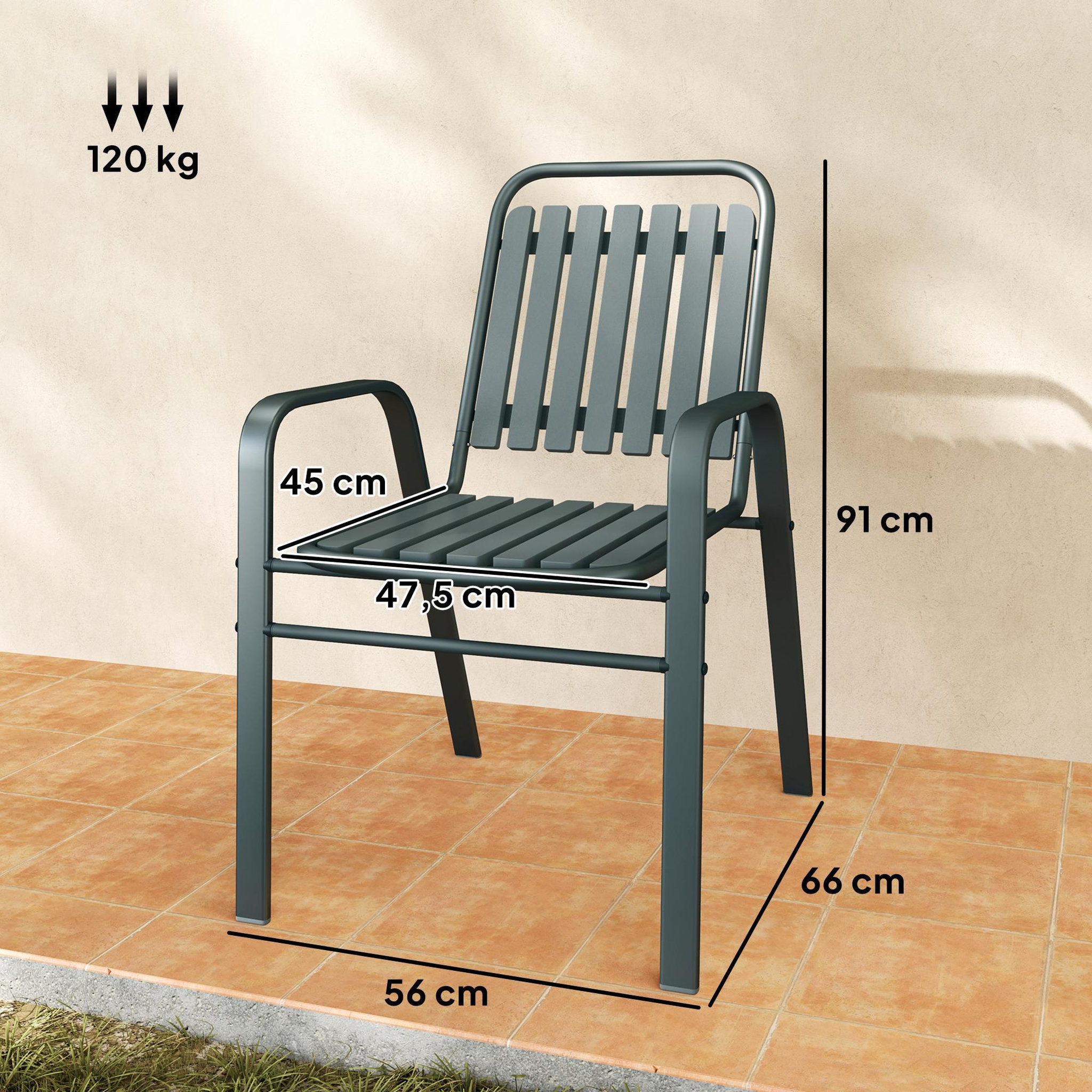 Voir la diapositive 3 : OUTSUNNY Lot de 4 chaises de jardin empilables design néo-rétro avec hauts dossiers accoudoirs acier époxy gris