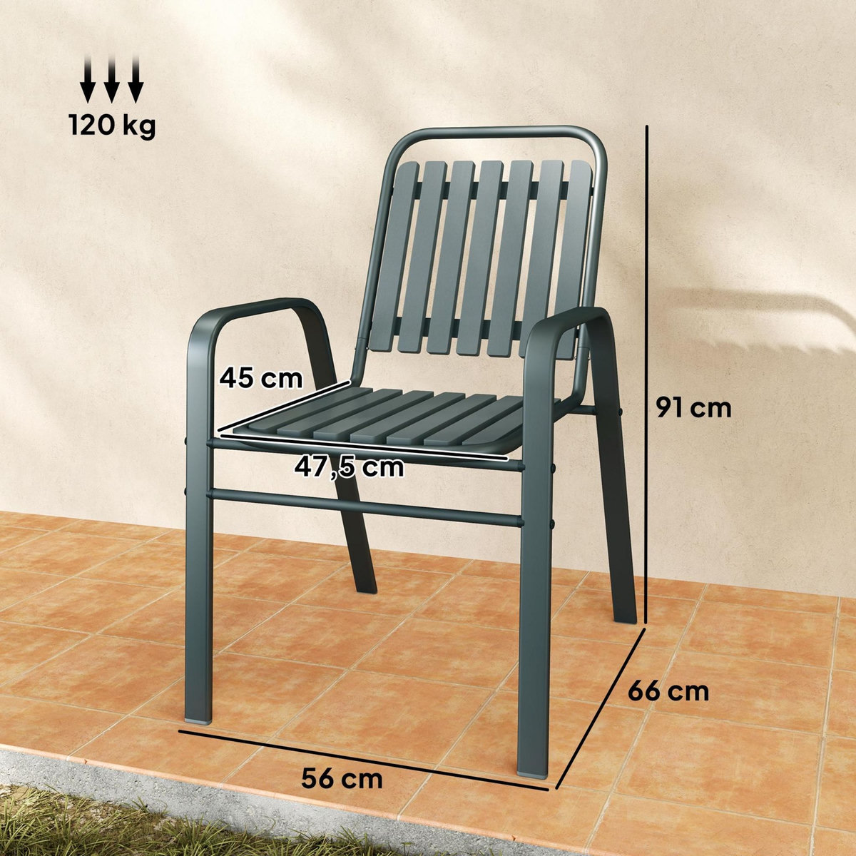 OUTSUNNY Lot de 4 chaises de jardin empilables design néo-rétro avec hauts dossiers accoudoirs acier époxy gris