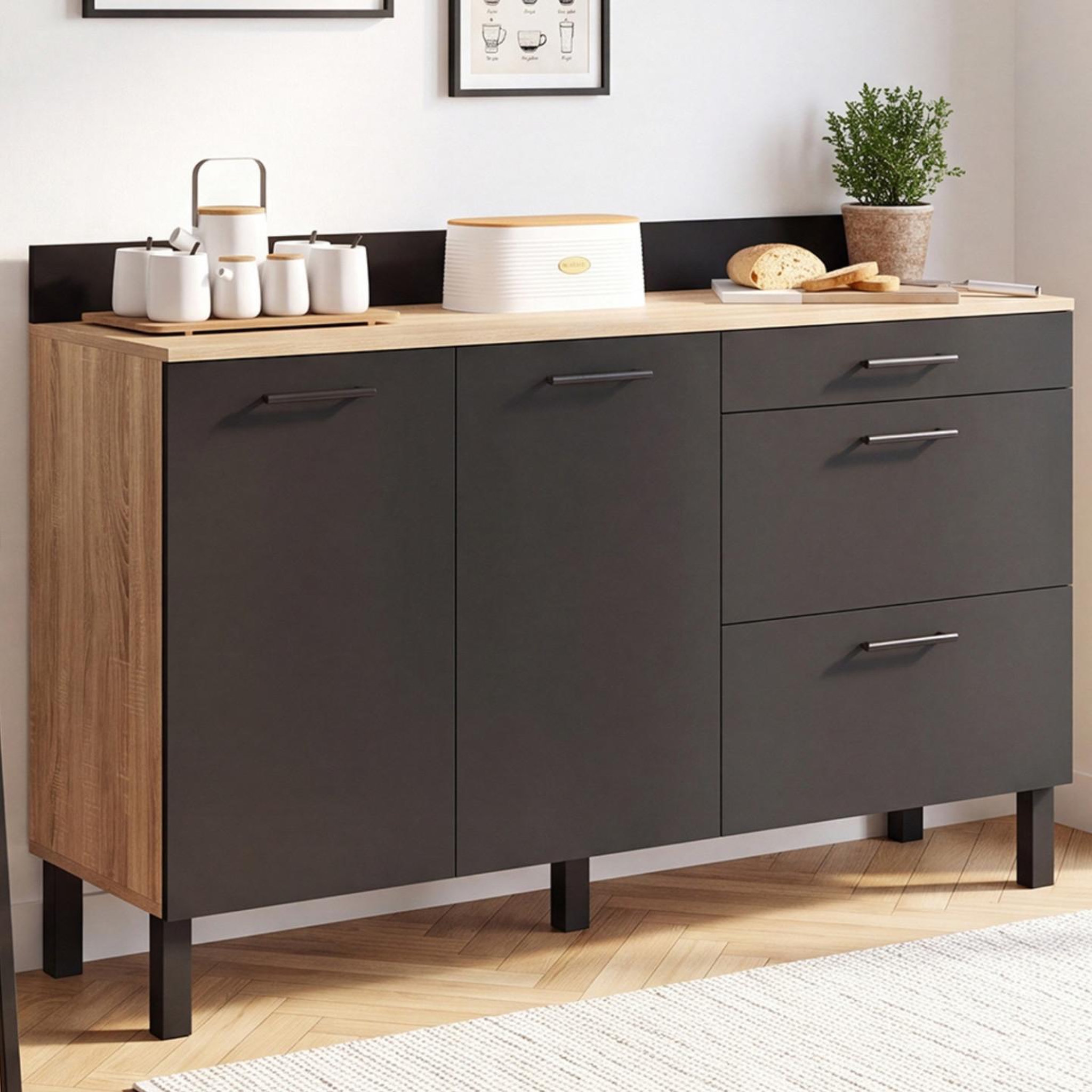 Voir la diapositive 2 : ID MARKET Buffet bas casserolier de cuisine 140 cm CINA plan de travail H.83 cm 2 portes + 3 tiroirs hêtre et noir