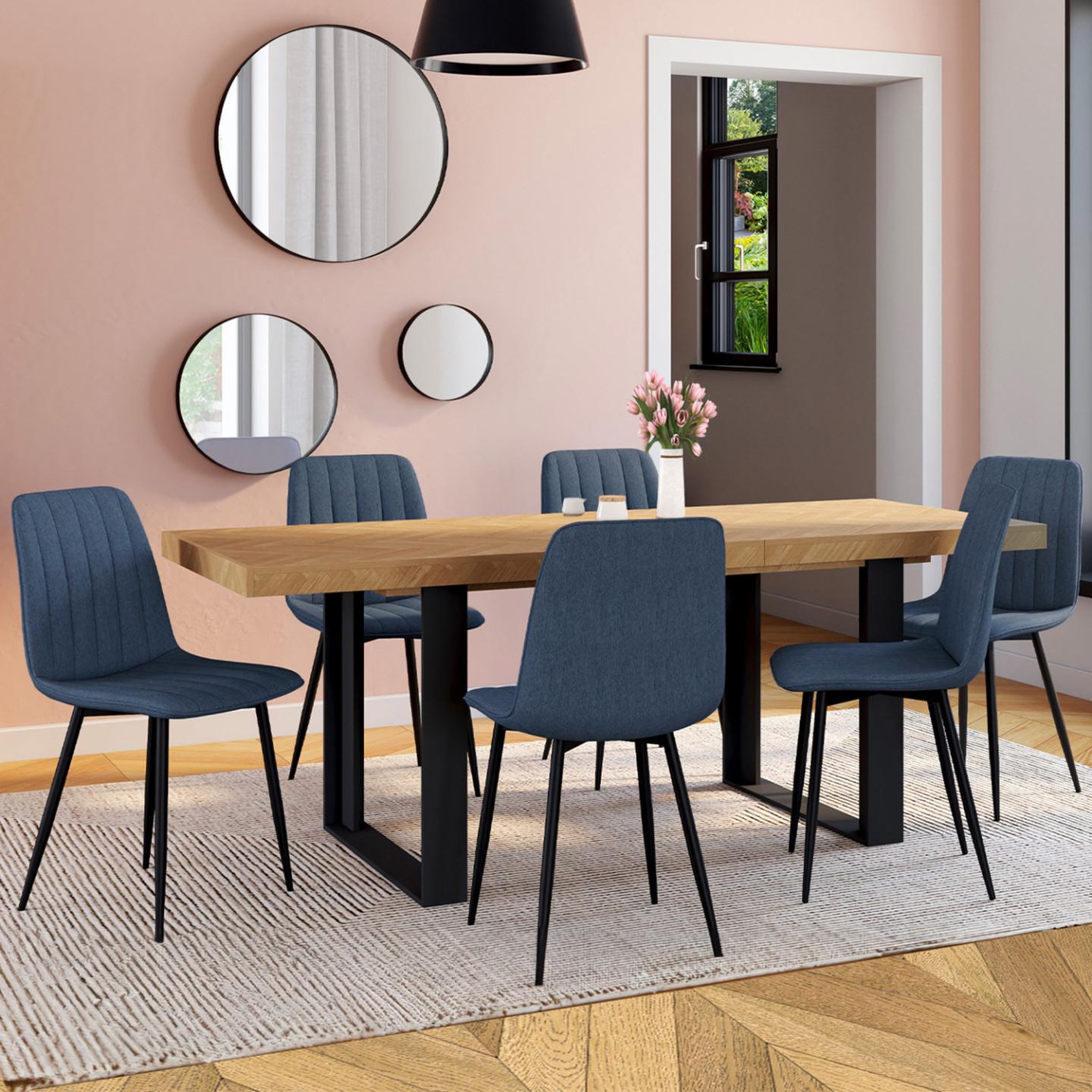 Voir la diapositive 2 : ID MARKET Lot de 6 chaises mira en tissu bleu pour salle à manger