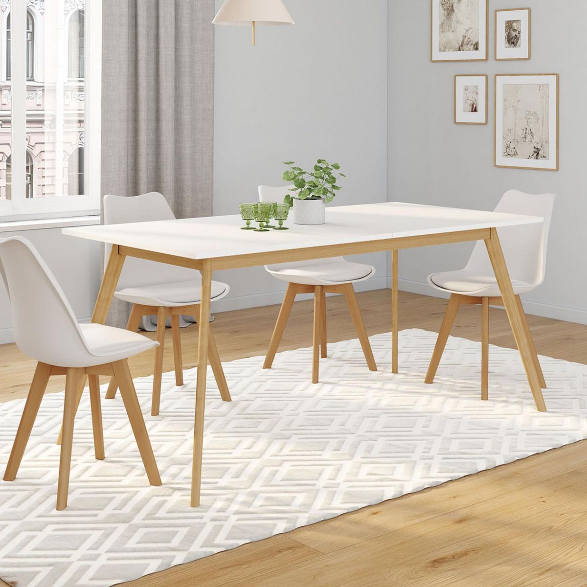 ID MARKET Ensemble table à manger extensible INGA 160-200 cm et 6 chaises SARA blanches design scandinave