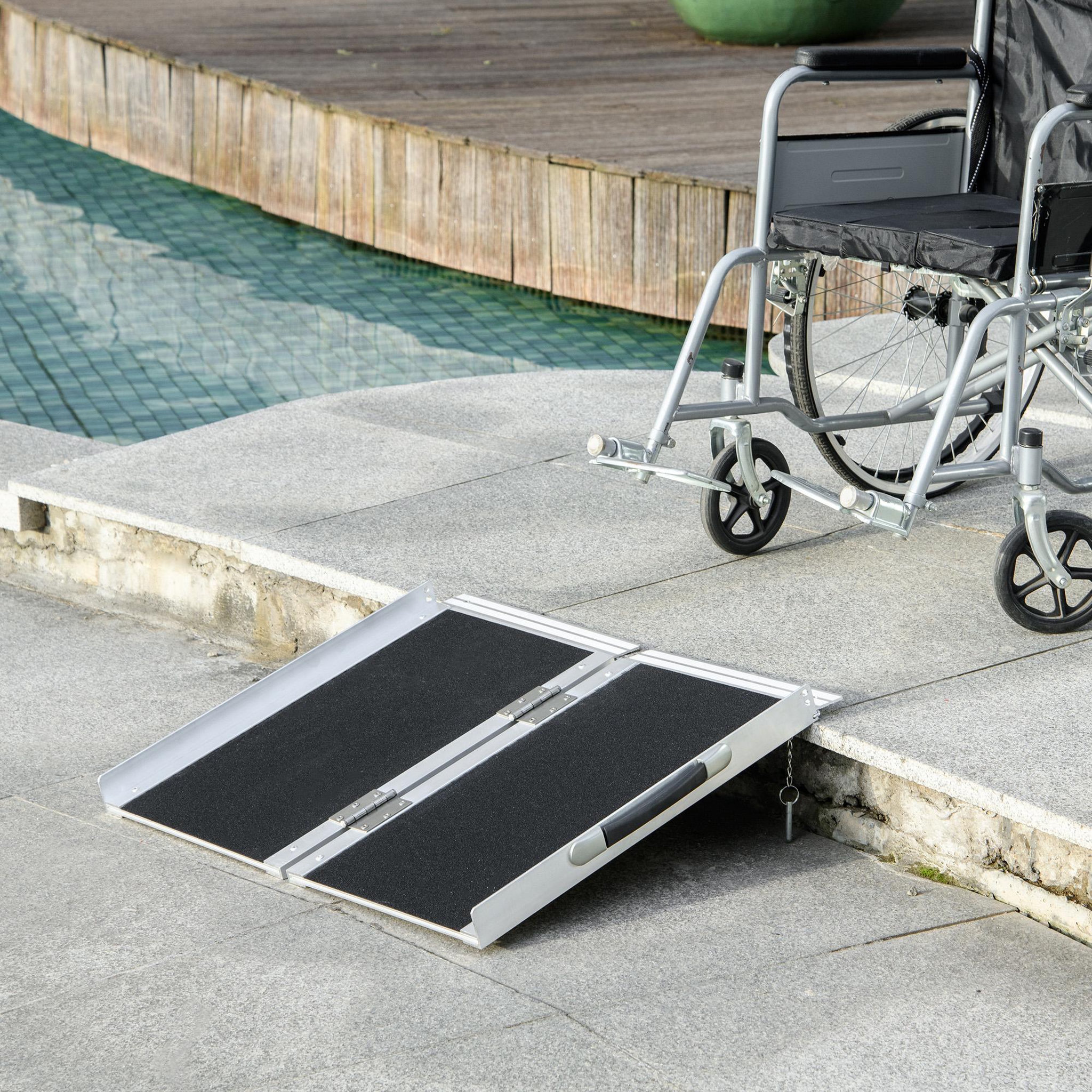 Voir la diapositive 4 : HOMCOM Rampe de fauteuil roulant rampe de chargement rampe d'accès antidérapante pliable avec bordures de sécurité max. 270 Kg alu. noir